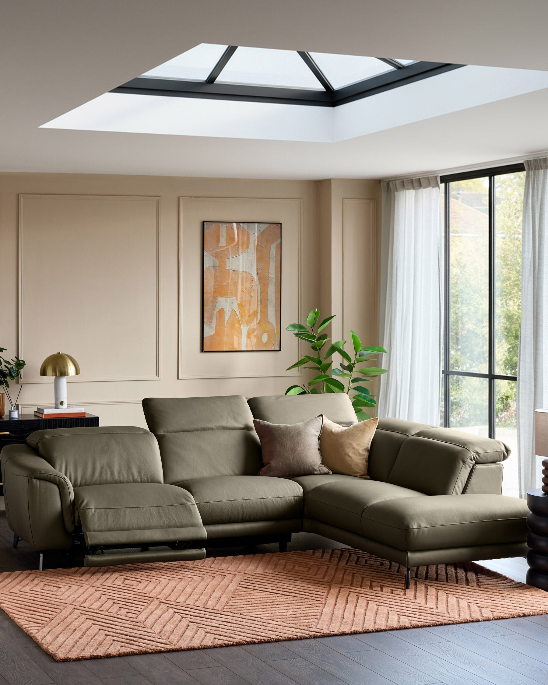 Canapé d'angle droit en cuir vert olive Connor