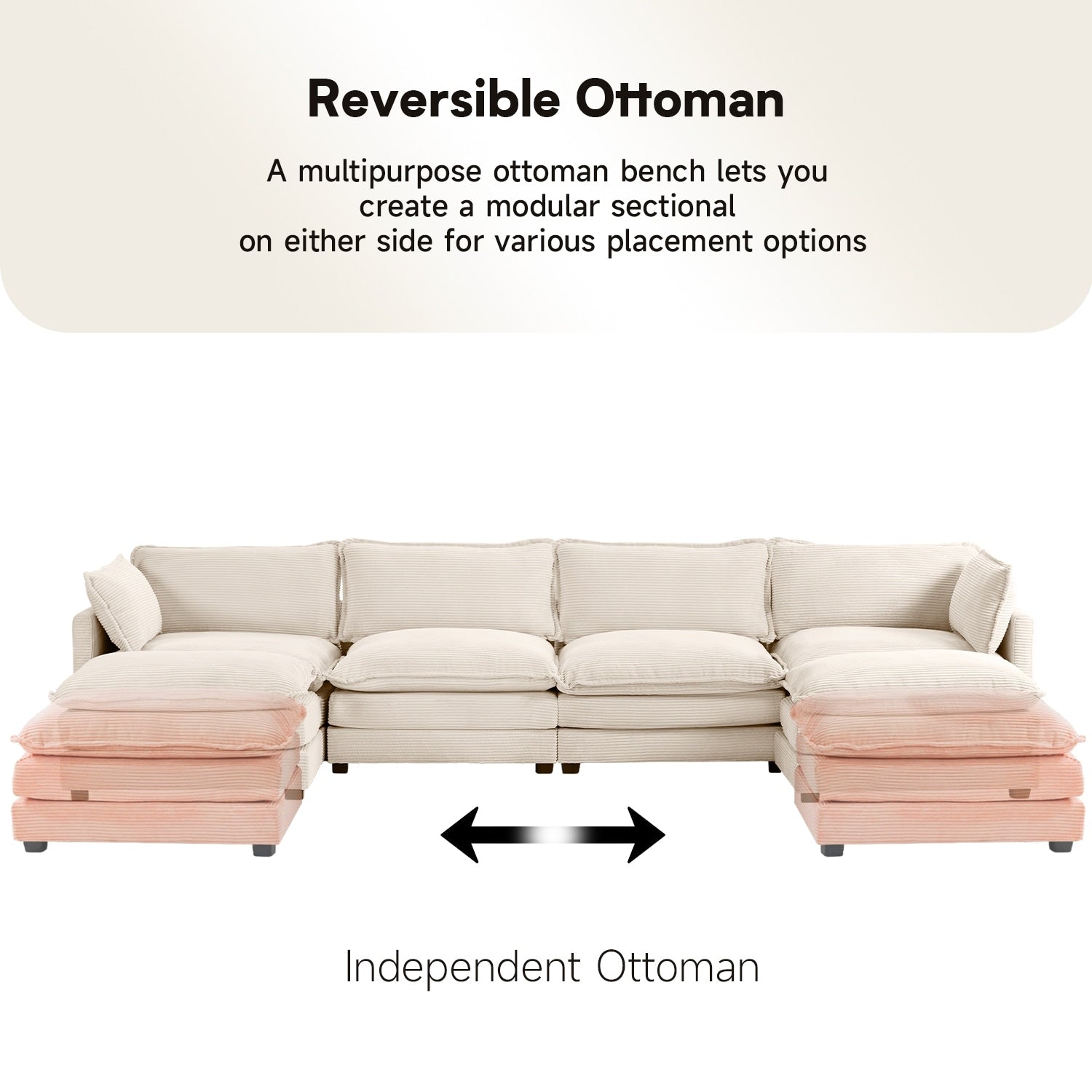 Canapé sectionnel en velours côtelé avec poufs amovibles et coussins ultra-doux pour salon et chambre