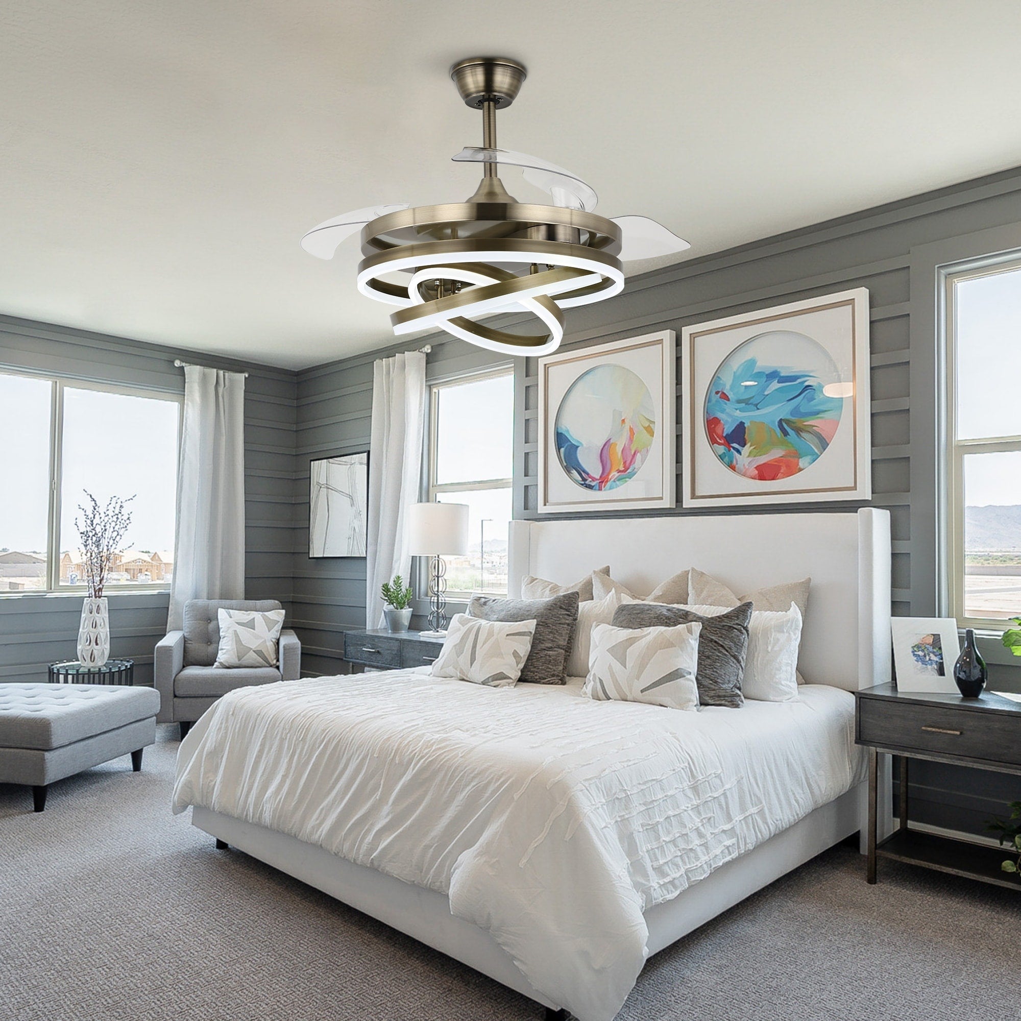 Ventilateur de plafond rétractable Cusp Barn 42 avec lumières et télécommande DIY Forme Fandelier Moderne Silencieux Moteur CC Plafonnier LED