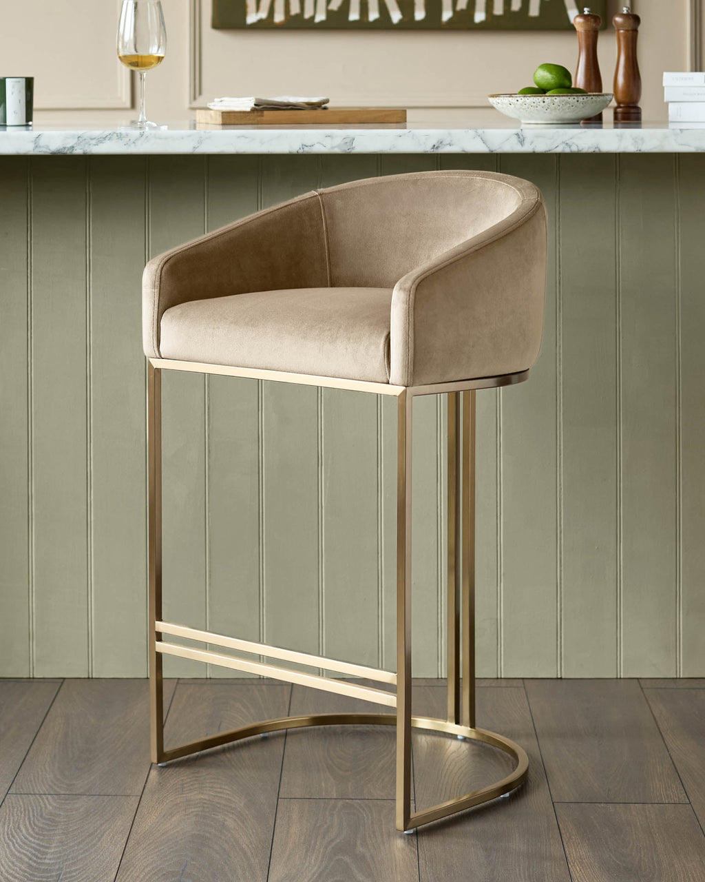 Tabouret de bar Dakota Champagne en velours et laiton