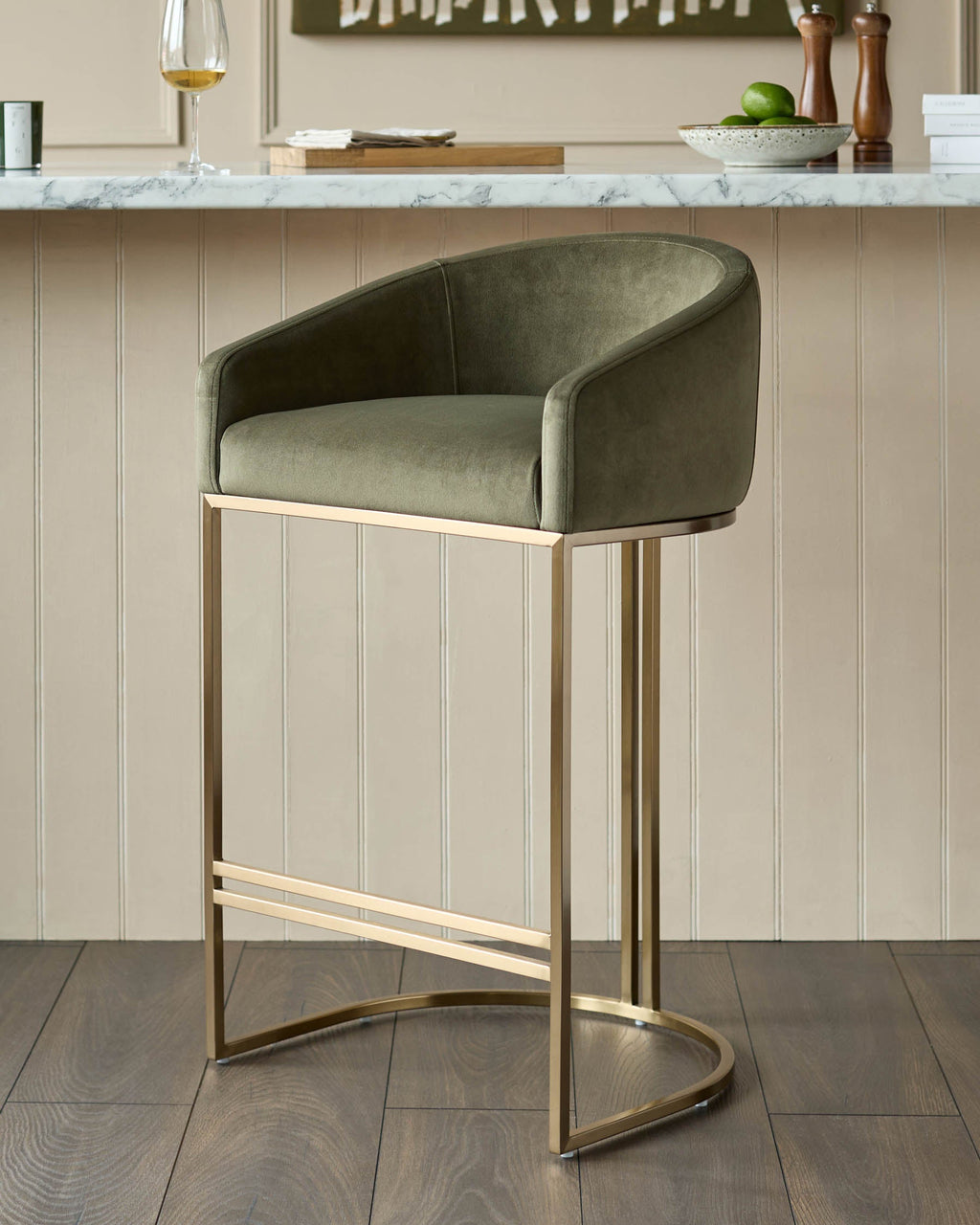 Tabouret de bar Dakota en velours vert olive