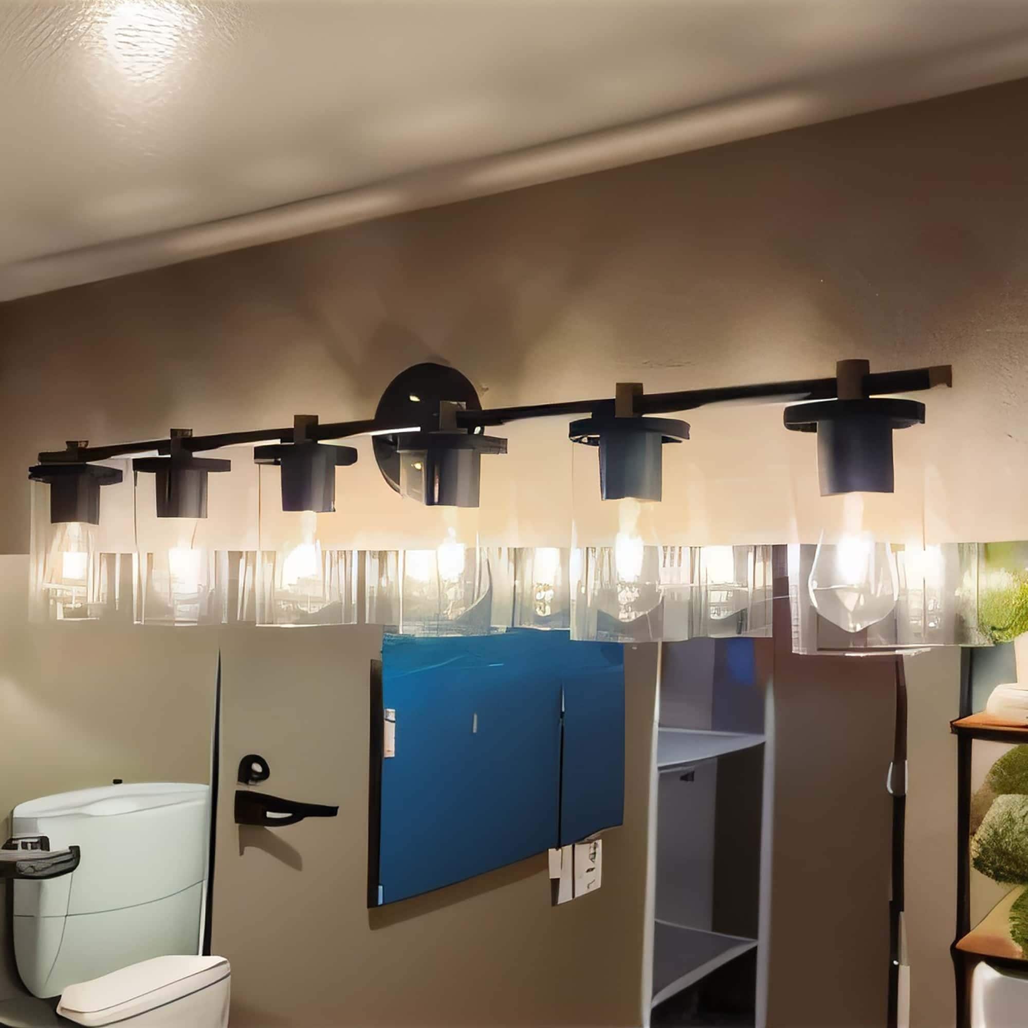 Applique murale de salle de bain Decatur à 6 lumières, style ferme moderne, noir/doré, certifiée UL