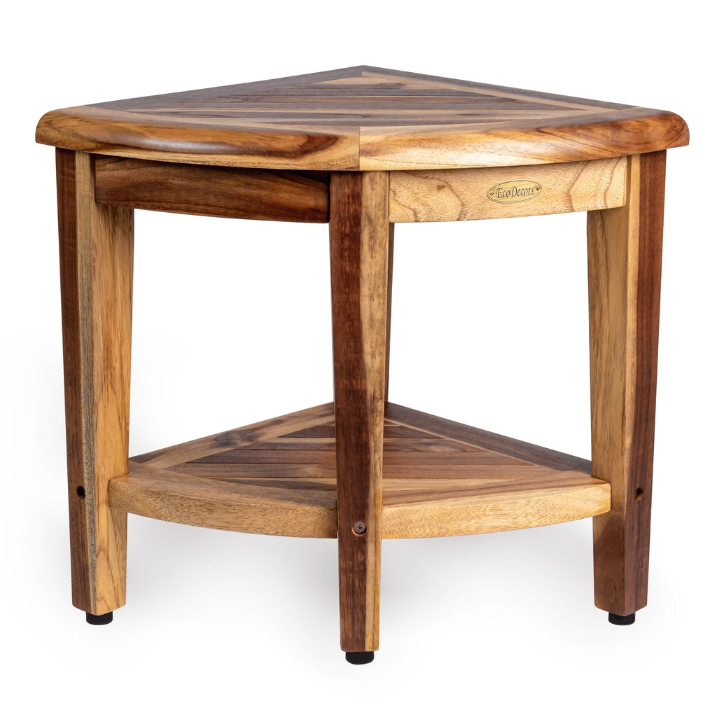 EcoDecors, Banc de douche élégant en teck, Tabouret de douche en teck, Tabouret de douche d'angle, Banc de douche d'angle en teck, Avec étagère