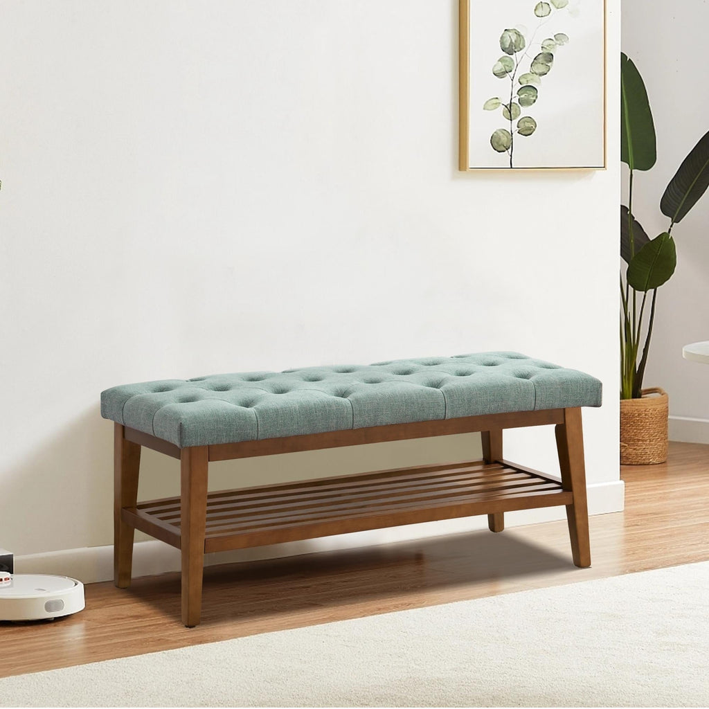 Banc à chaussures d'entrée, banc de rangement en tissu et bois massif, banc rembourré de 43 pouces pour salon et chambres