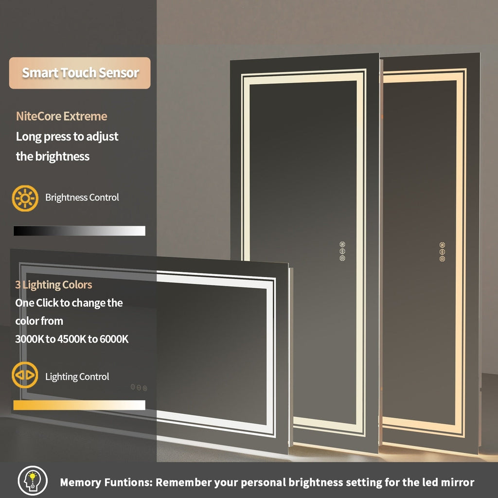 Miroir de salle de bain extra large avec éclairage LED, antibuée, 3 couleurs