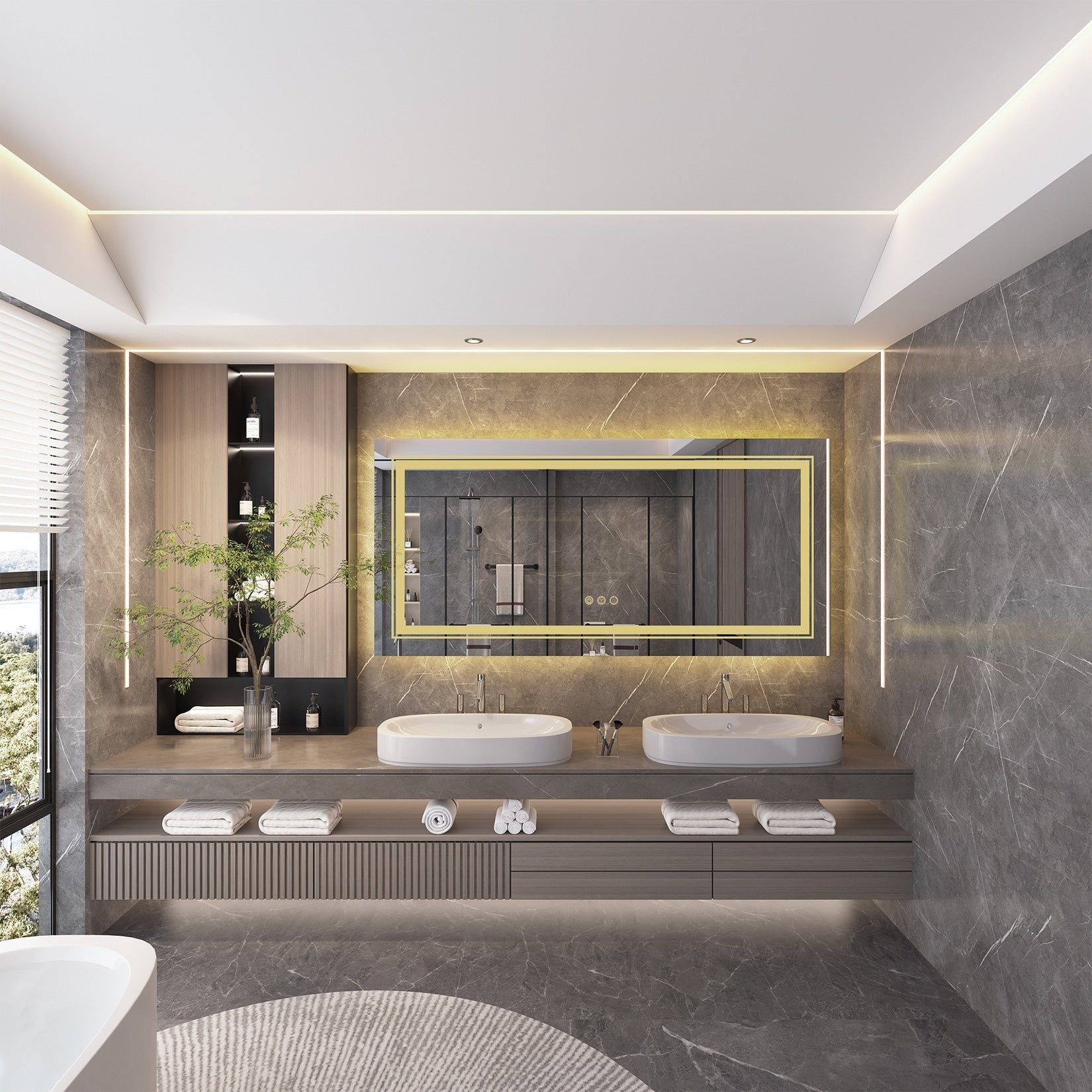 Miroir de salle de bain extra large avec éclairage LED, antibuée, 3 couleurs