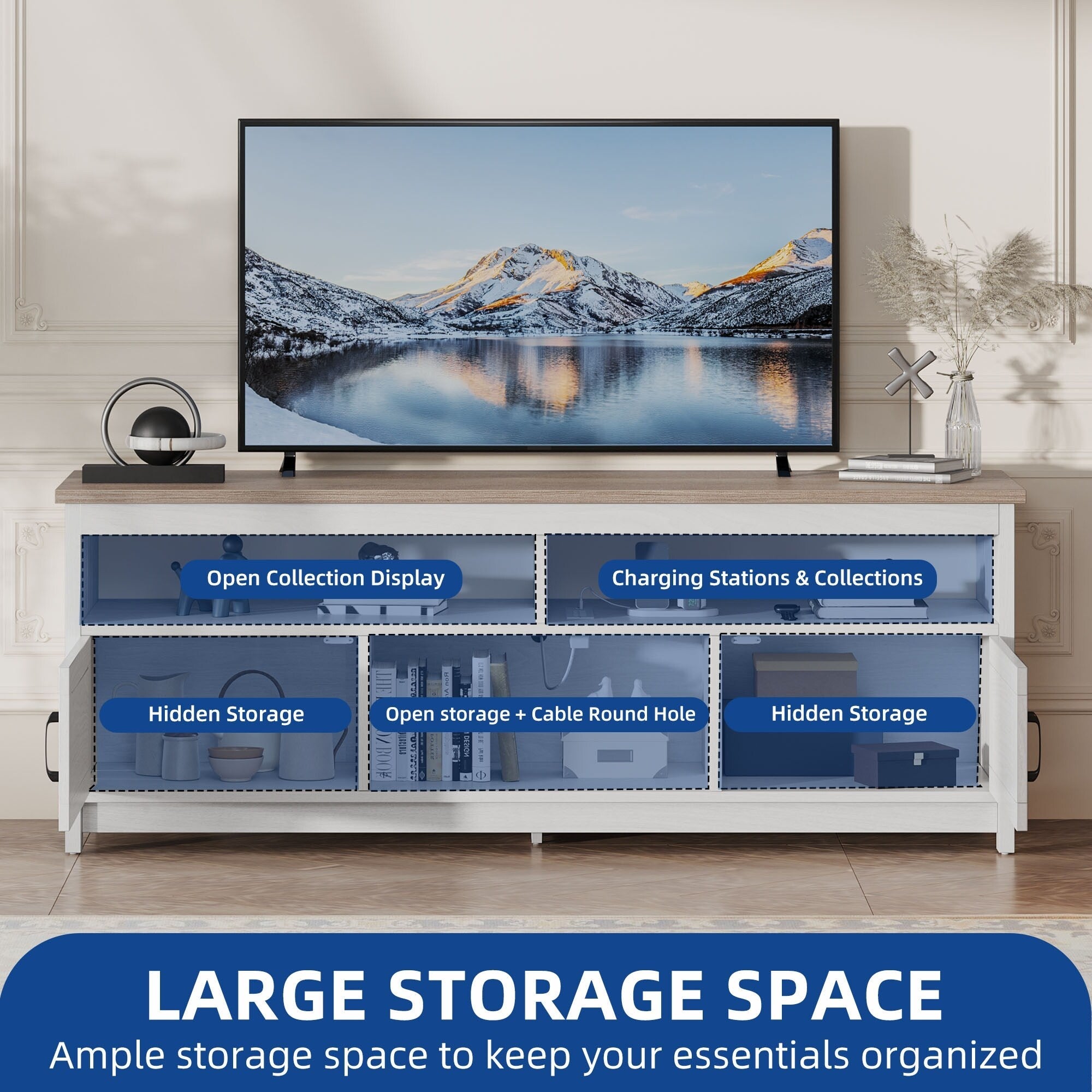 Meuble TV Farmhouse pouvant accueillir jusqu'à 65 téléviseurs avec portes et étagères ouvertes Console multimédia Prise de courant