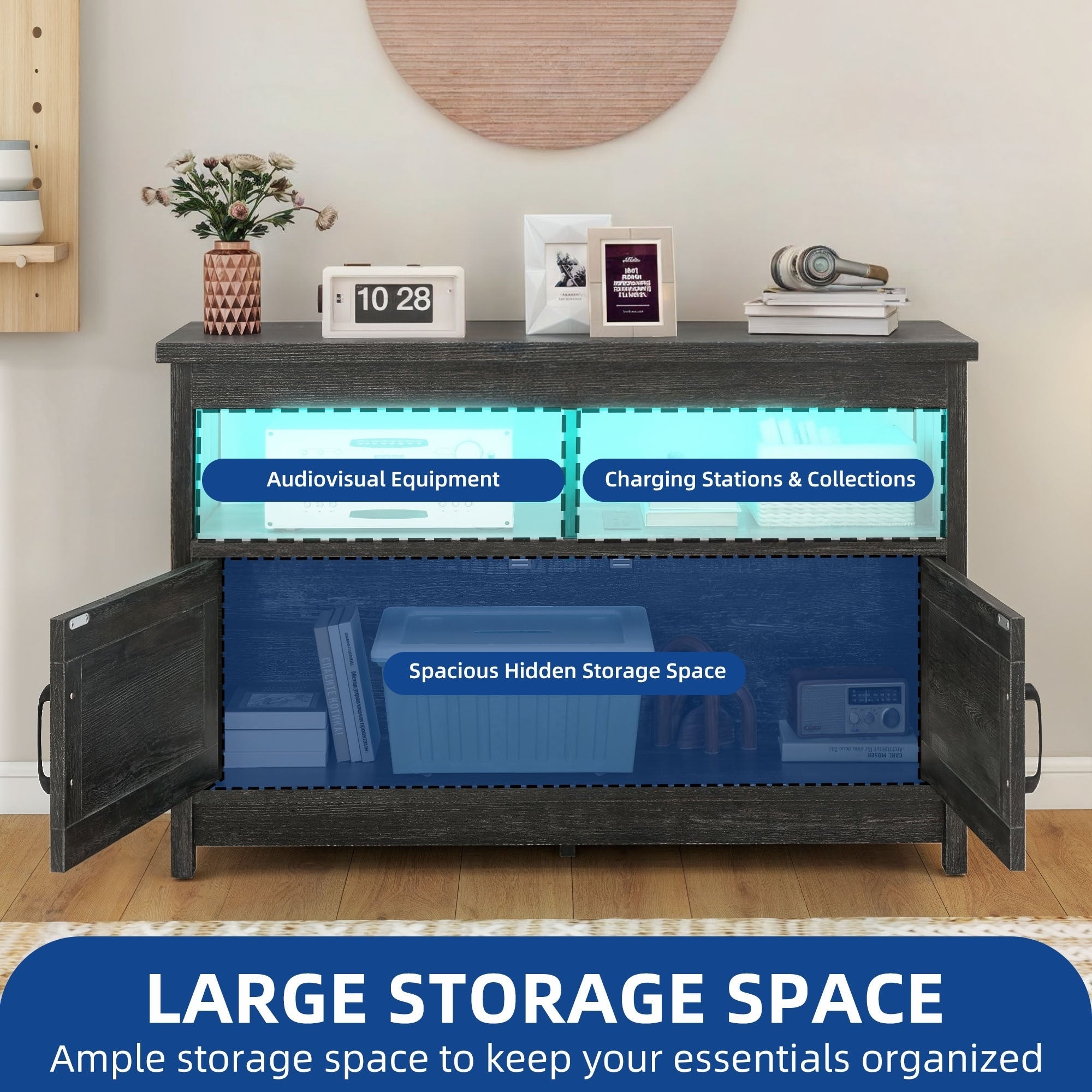 Meuble TV Farmhouse pouvant accueillir jusqu'à 65 téléviseurs avec portes et étagères ouvertes Console multimédia Prise de courant