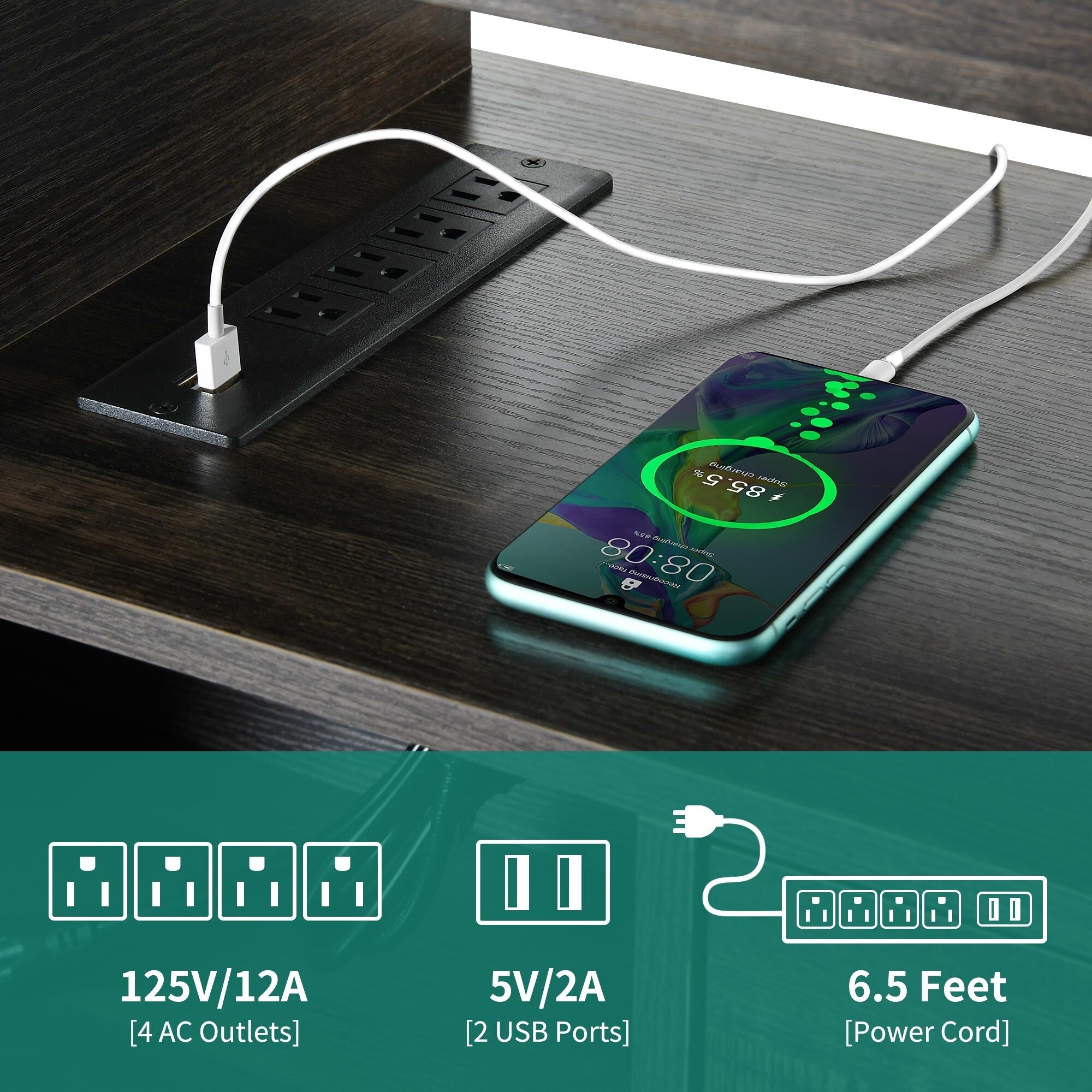 Meuble TV Farmhouse pouvant accueillir jusqu'à 65 téléviseurs avec portes et étagères ouvertes Console multimédia Prise de courant