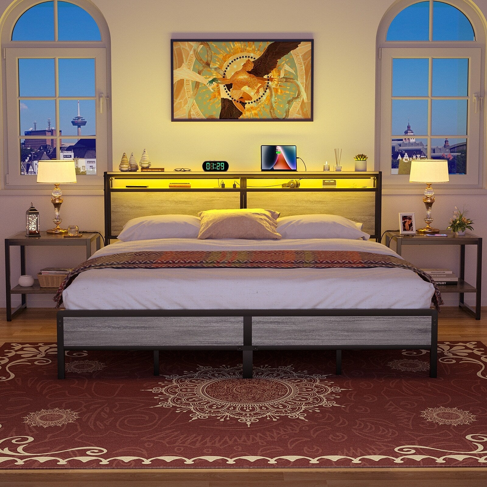 Cadre de lit plateforme en bois de style ferme avec station de charge et lumières LED