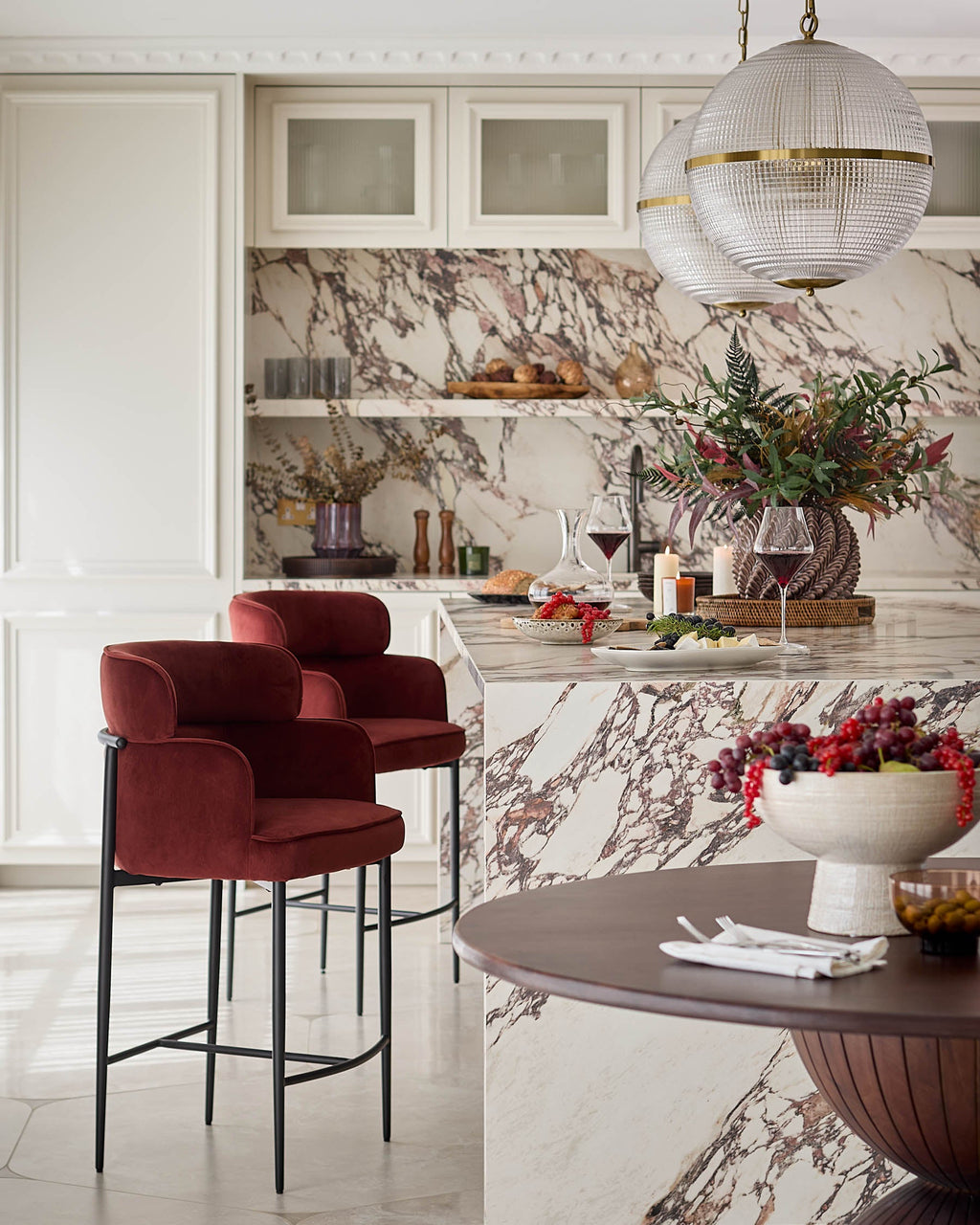 Tabouret de bar Felix en velours rouge caramel