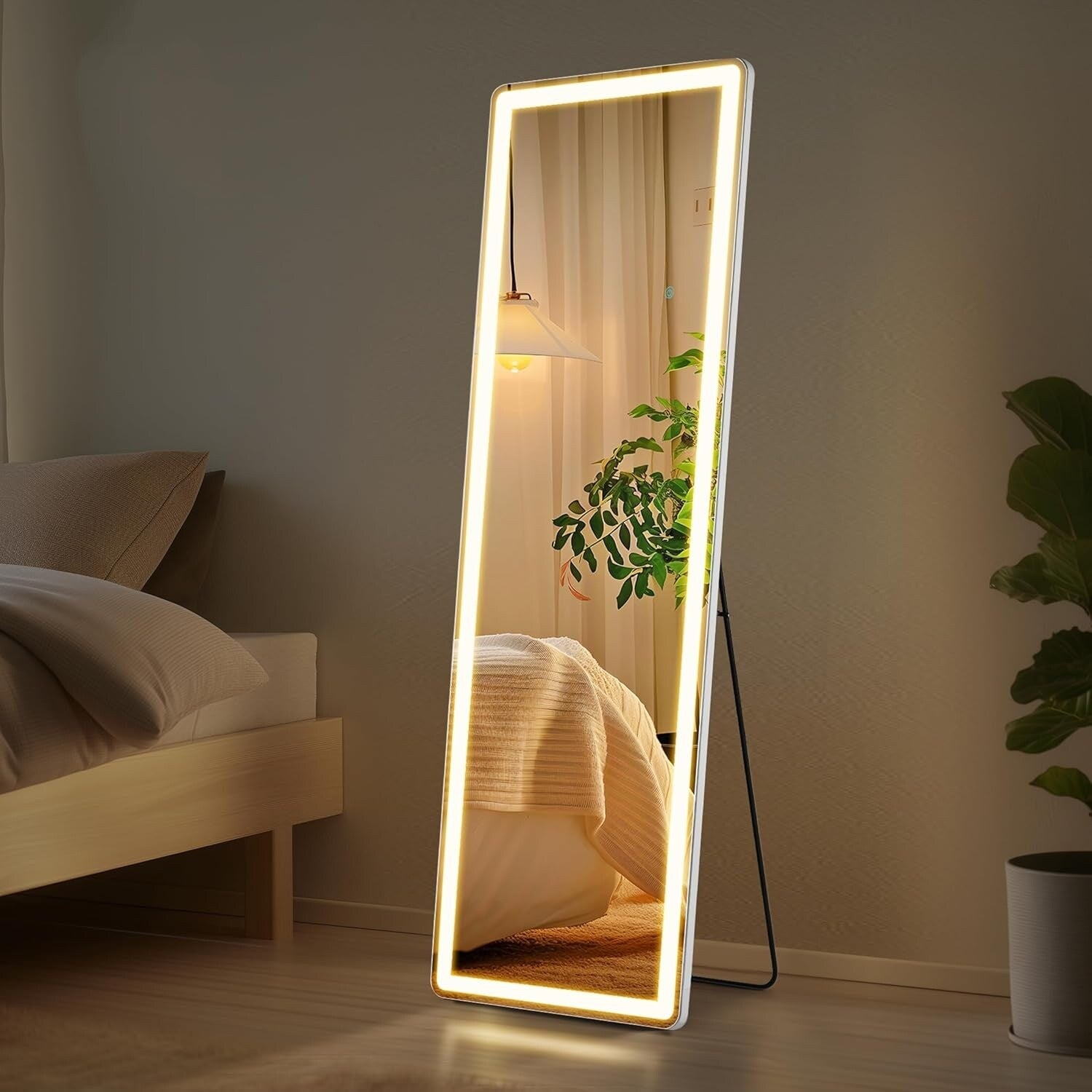 Miroir de sol avec éclairage LED, 64 x 21, miroir pleine longueur avec support, miroir suspendu, miroir mural, miroir intégral