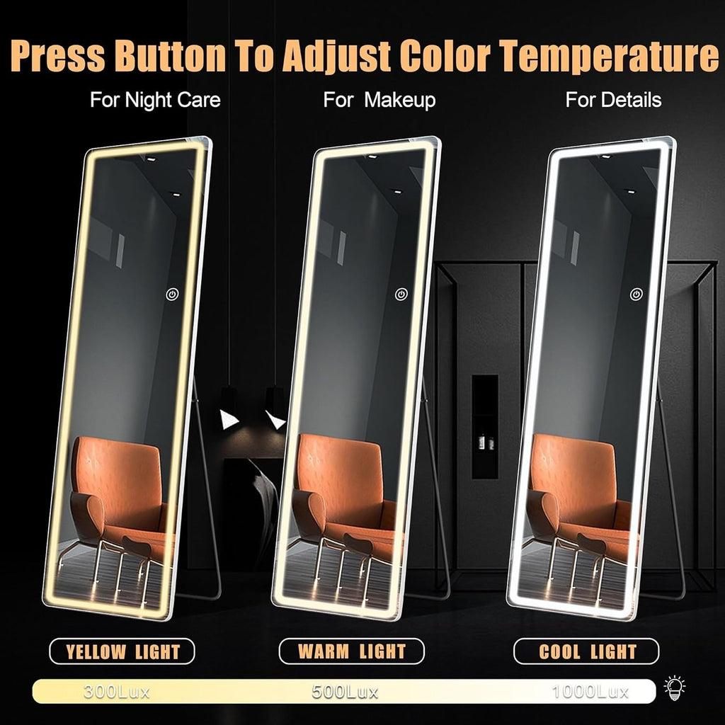 Miroir de sol avec éclairage LED, 64 x 21, miroir pleine longueur avec support, miroir suspendu, miroir mural, miroir intégral