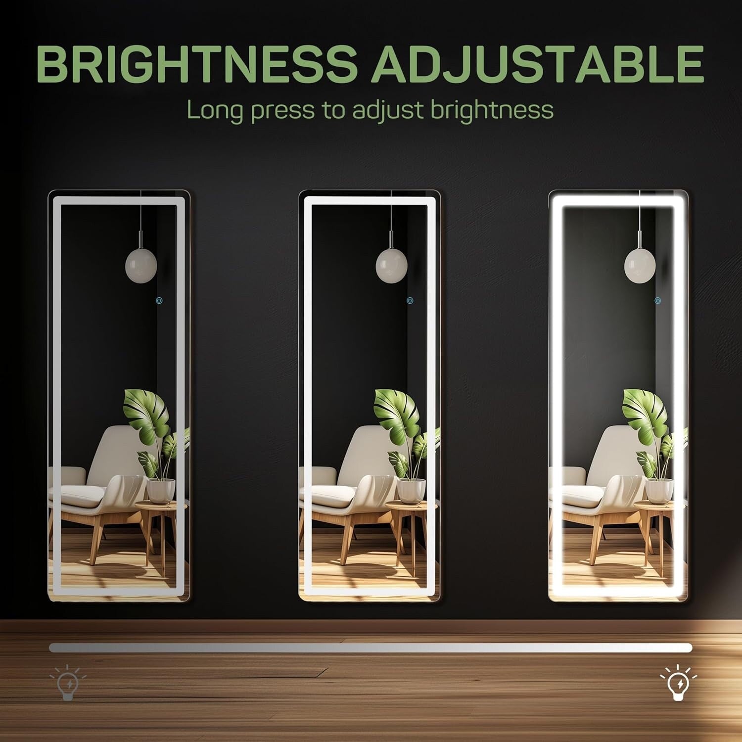 Miroir de sol avec éclairage LED, 64 x 21, miroir pleine longueur avec support, miroir suspendu, miroir mural, miroir intégral