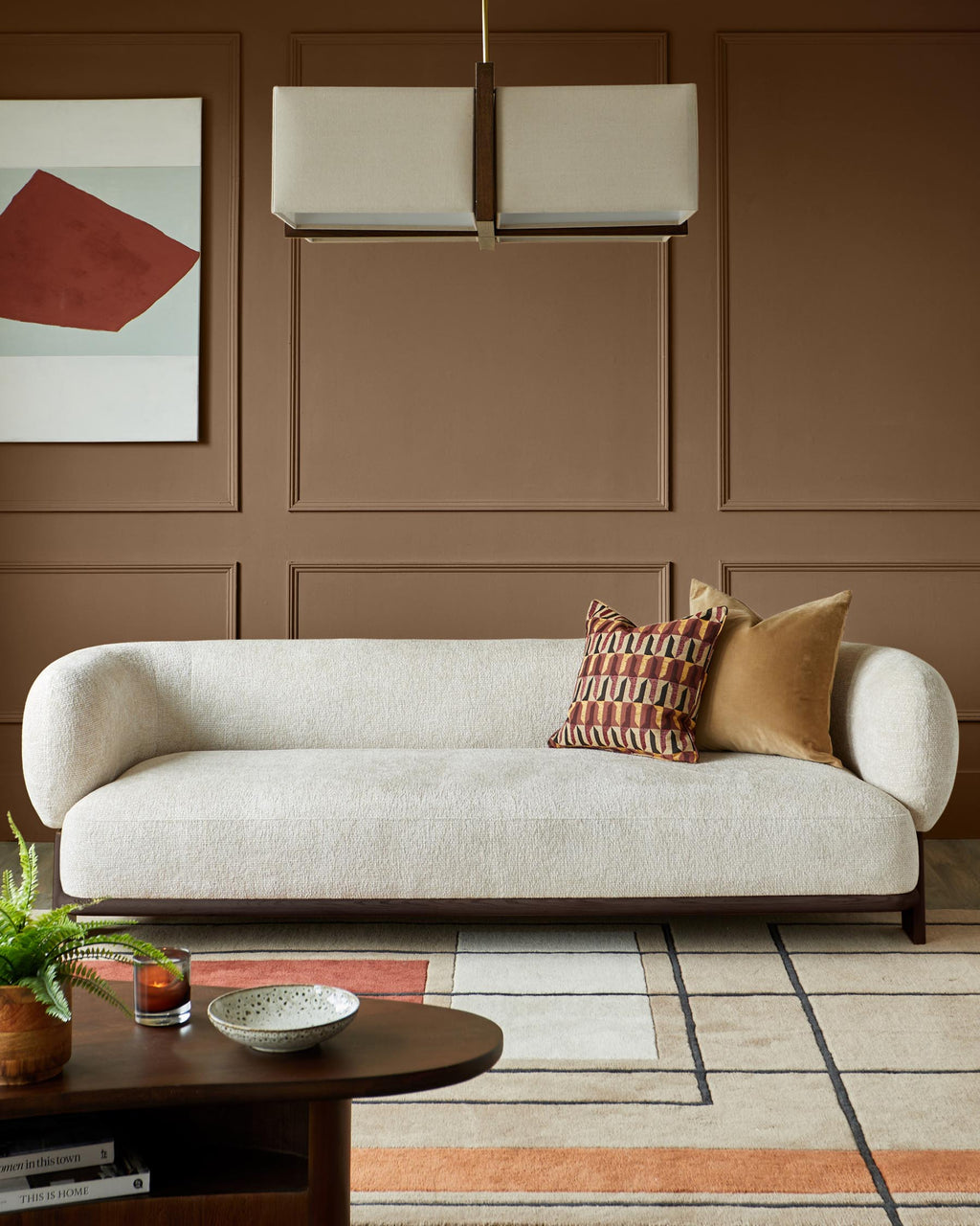 Canapé 3 places Florence en tissu naturel et bois foncé