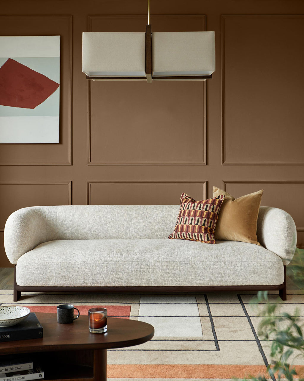 Canapé 3 places Florence en tissu naturel et bois foncé