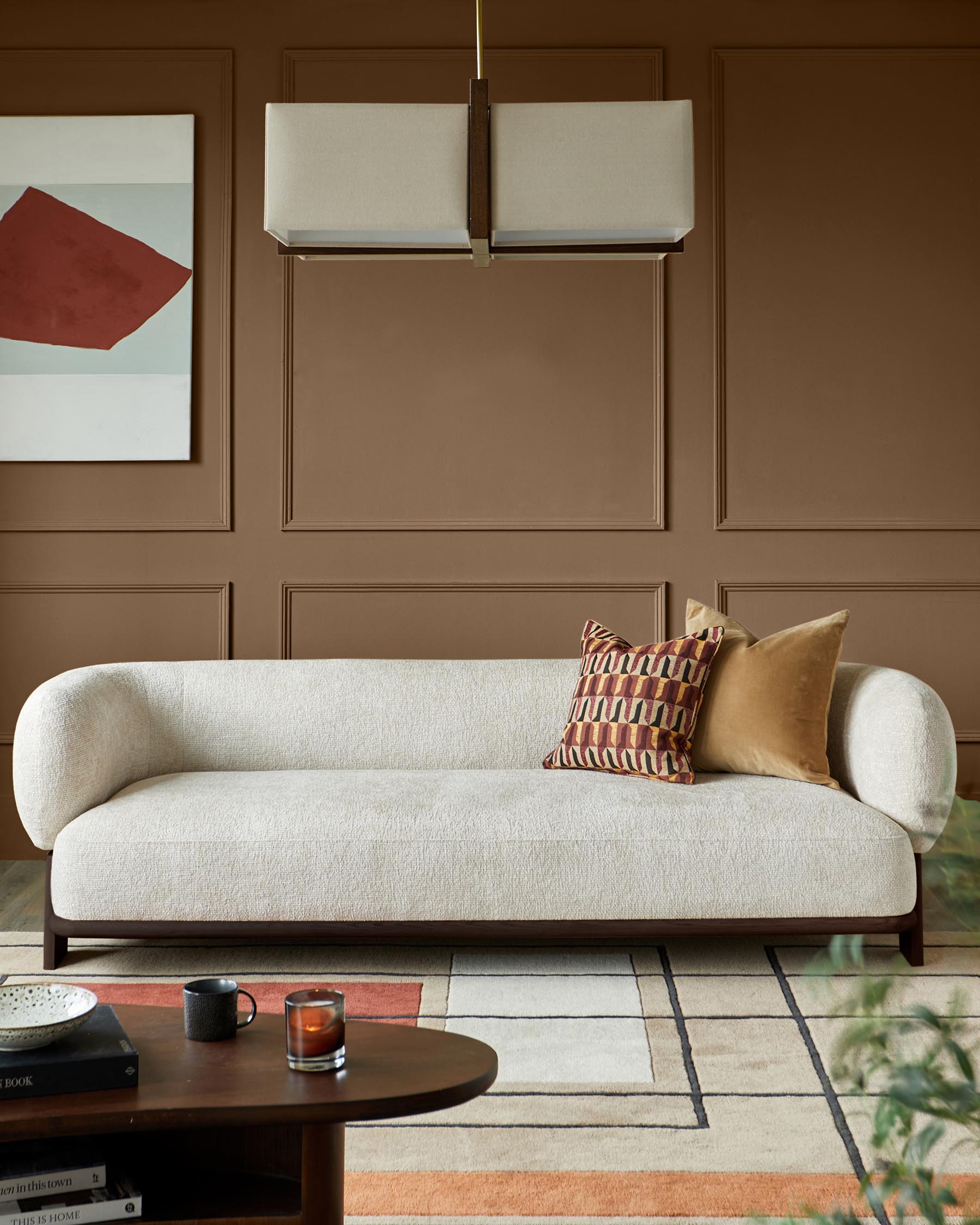 Canapé 3 places Florence en tissu naturel et bois foncé