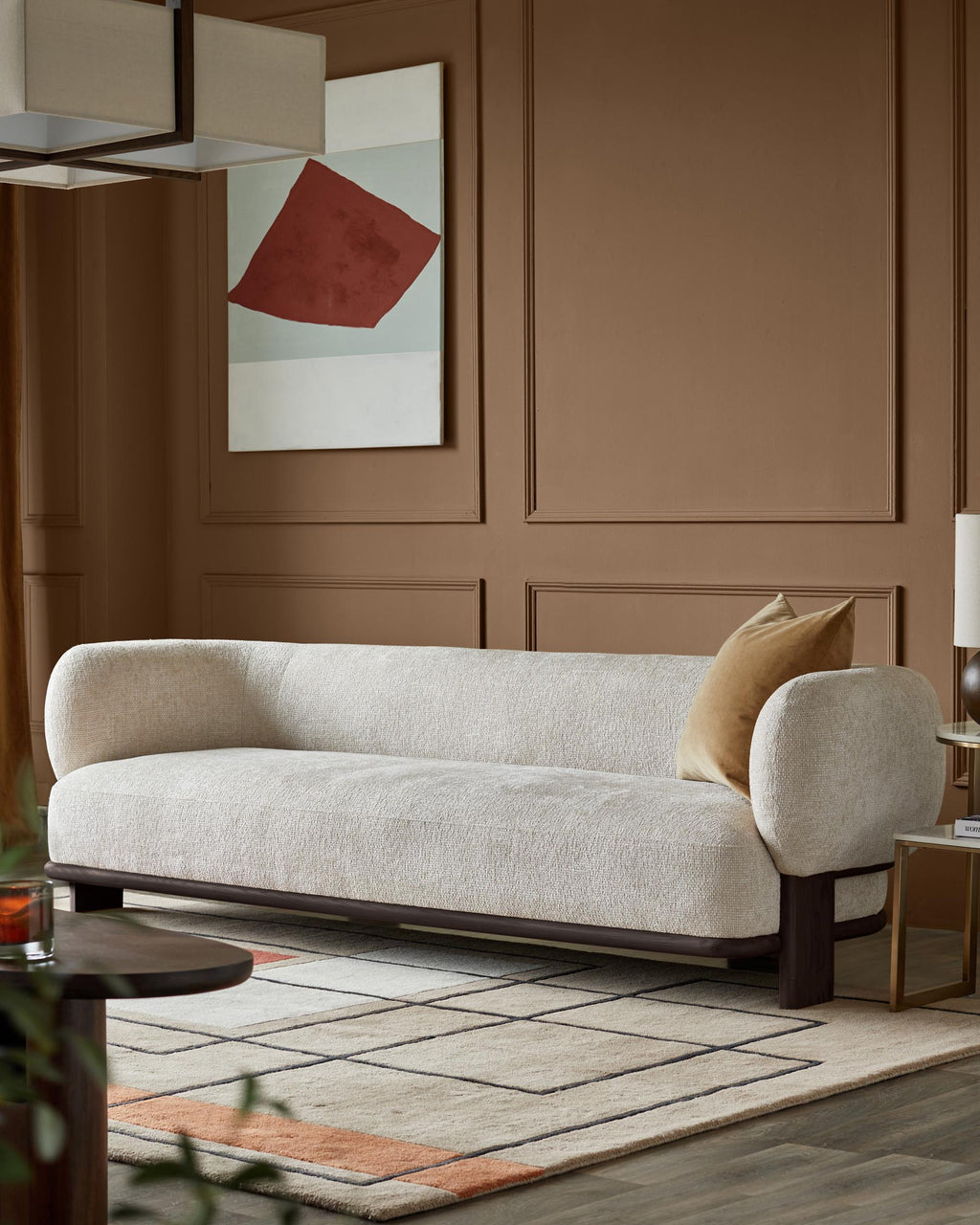 Canapé 3 places Florence en tissu naturel et bois foncé