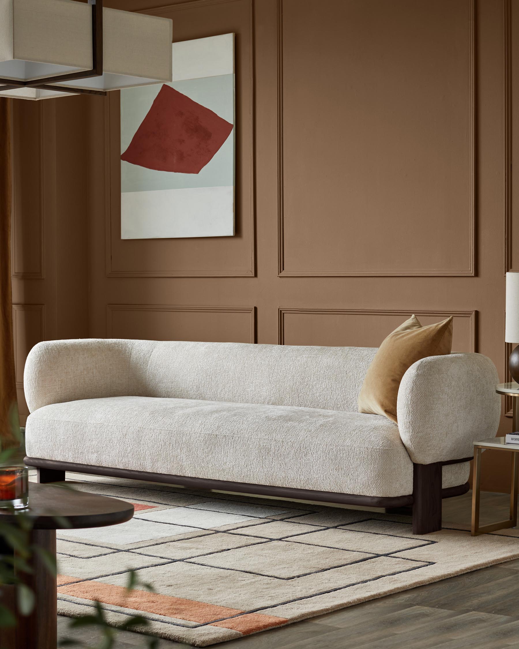 Canapé 3 places Florence en tissu naturel et bois foncé