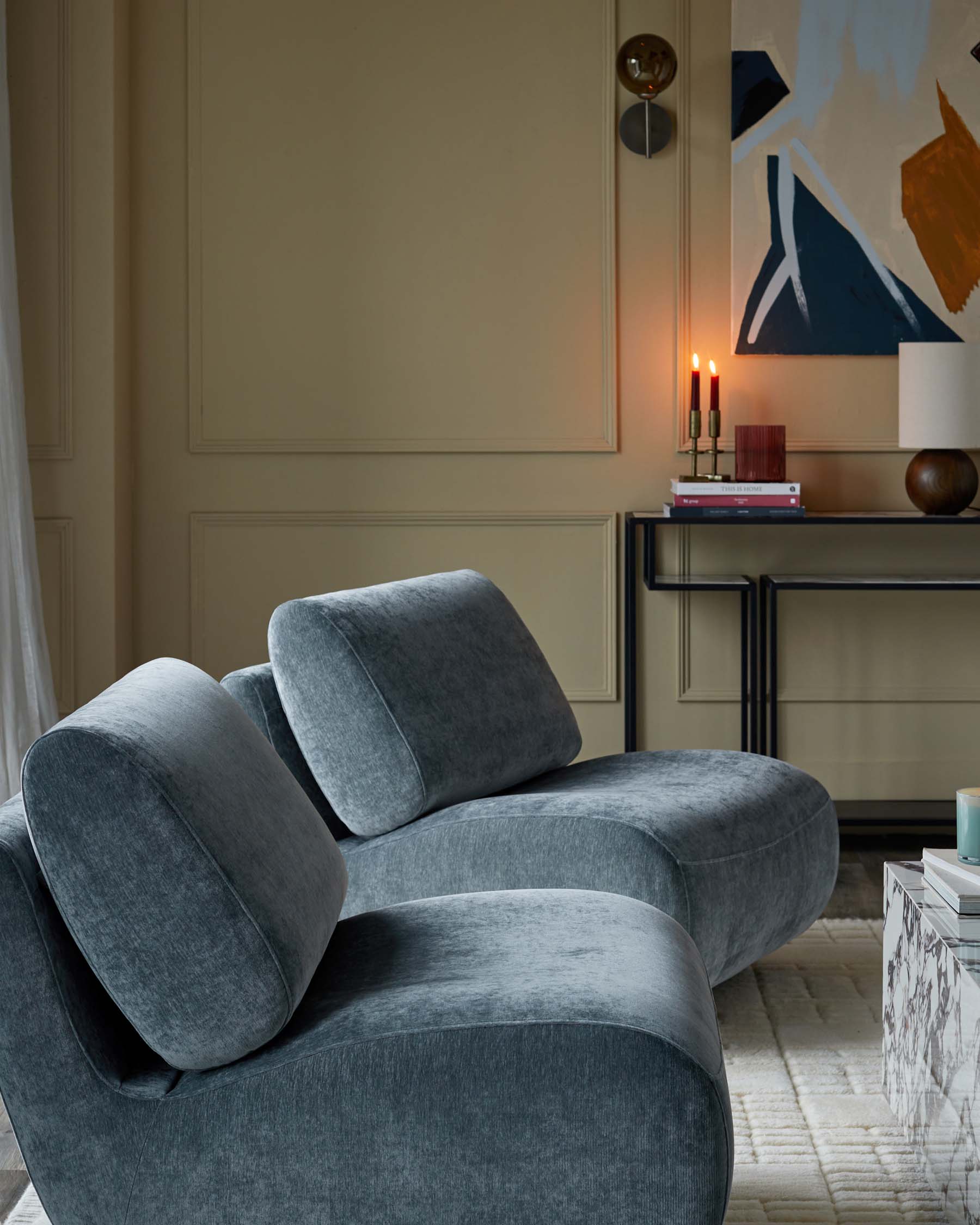Fauteuil pivotant en tissu bleu-gris Frances