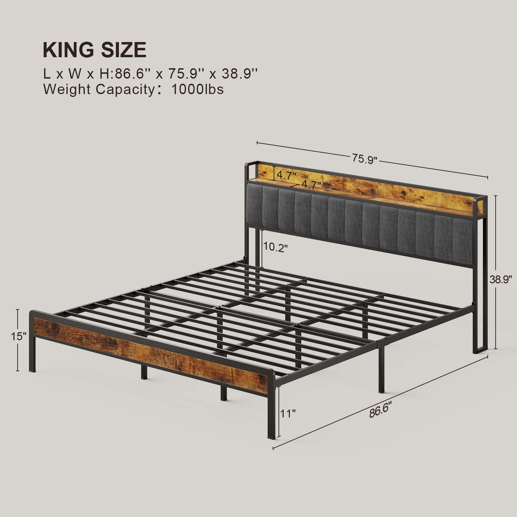 Cadre de lit plateforme en métal pour lit simple, double, queen ou king size avec tête de lit rembourrée et rangement