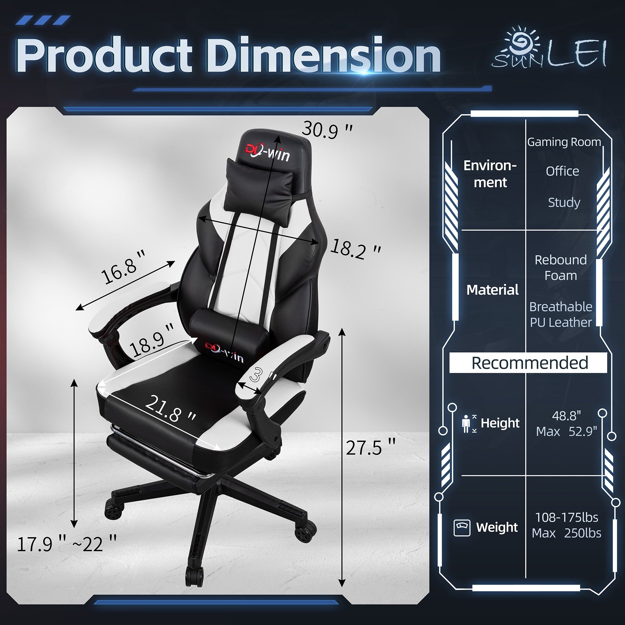 Chaise de bureau gaming Futzca en cuir synthétique avec appui-tête, repose-pieds et support lombaire massant
