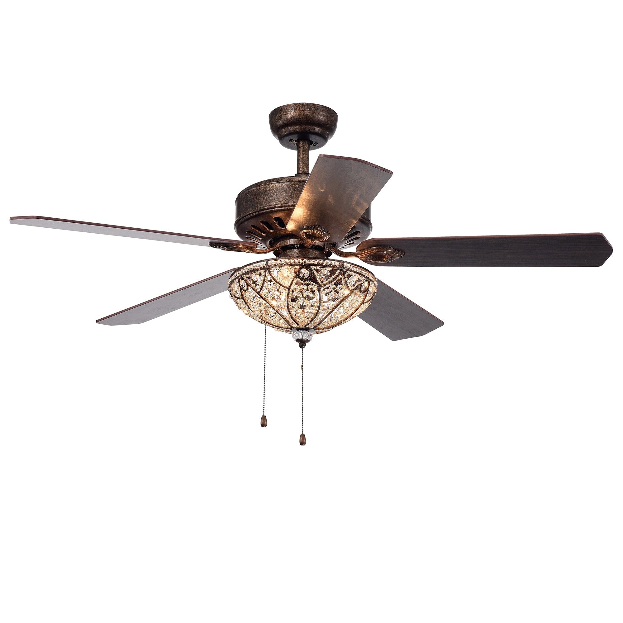 Ventilateur de plafond éclairé à 5 pales en bronze rustique Gliska avec abat-jour en cristal
