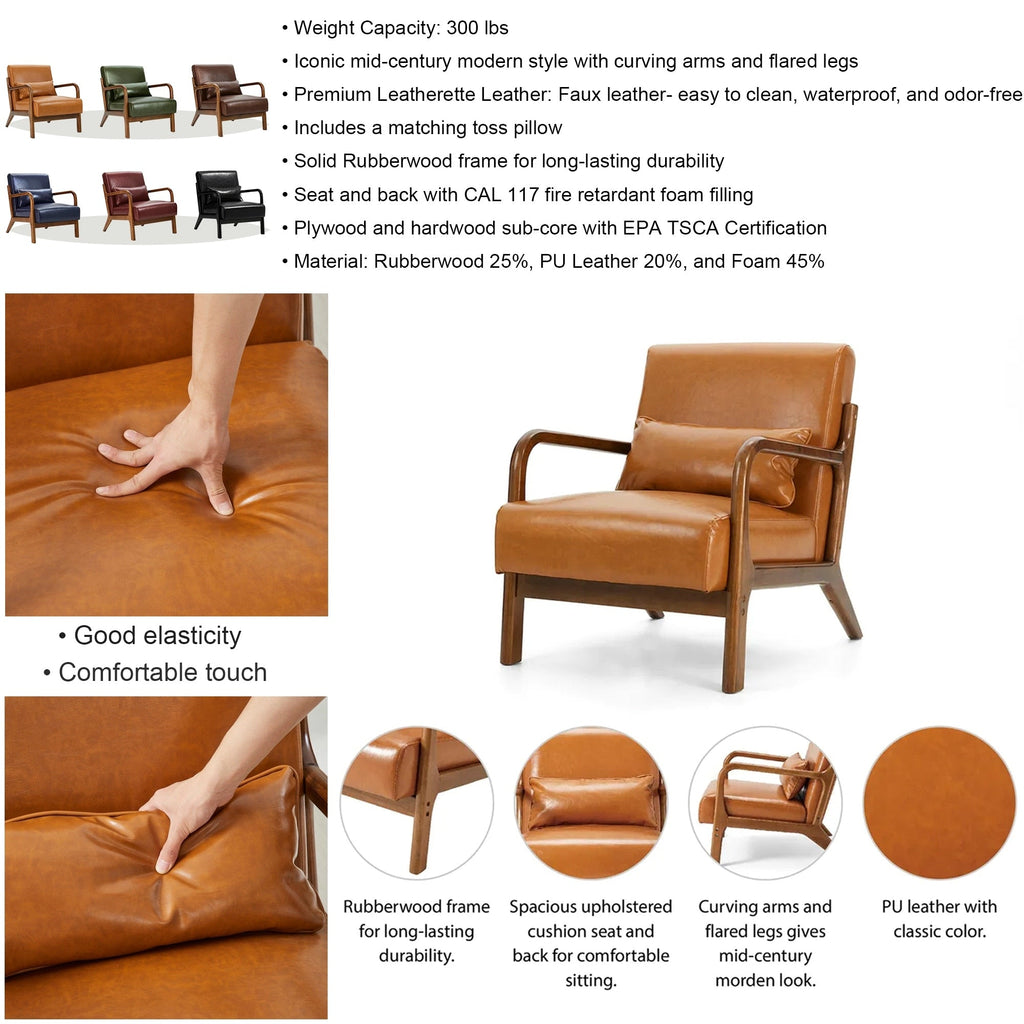 Fauteuil d'appoint moderne en cuir synthétique Glitzhome 30,75 po de hauteur, style milieu de siècle, avec coussin – 25,75 po de largeur x 33,75 po de profondeur x 30,75 po de hauteur