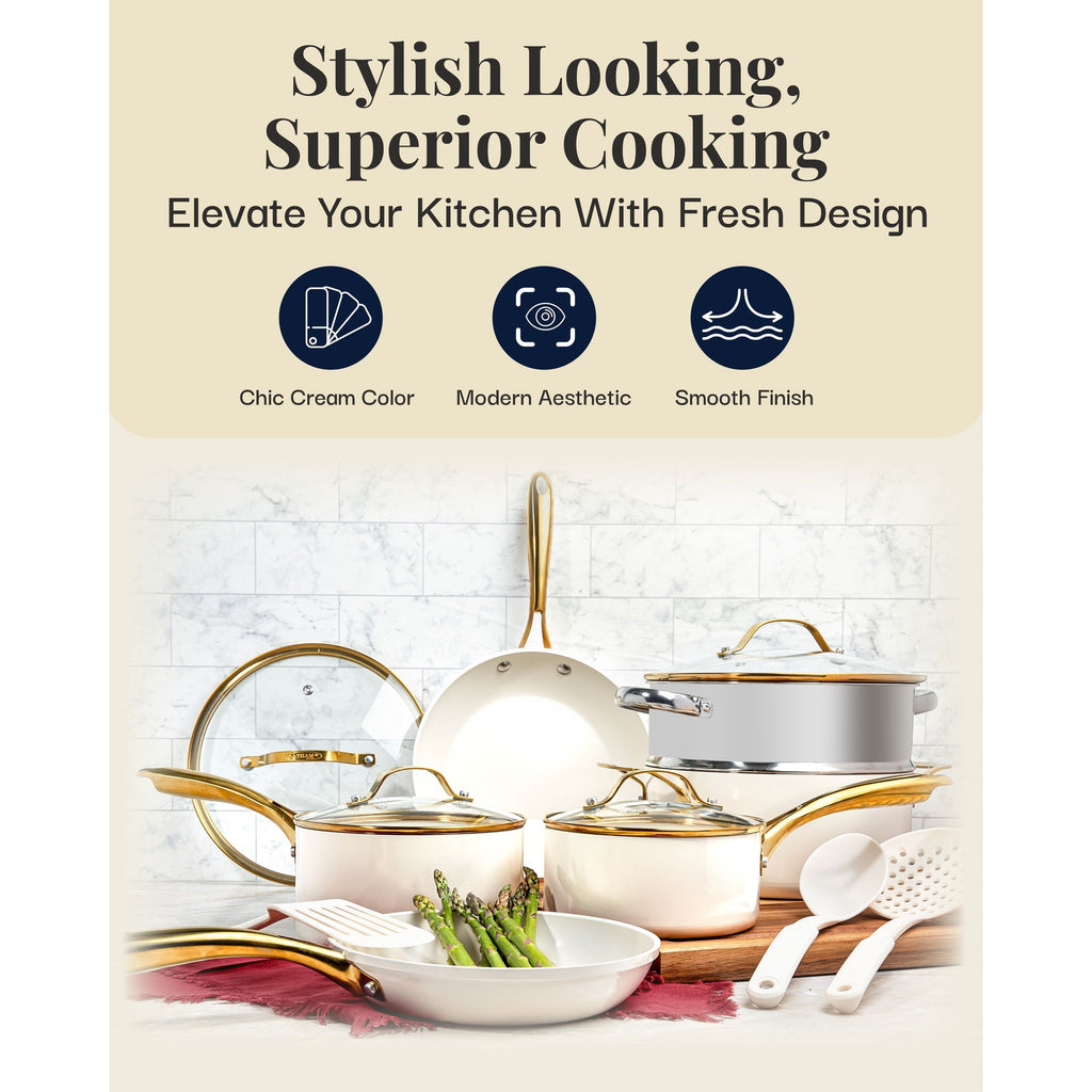 Batterie de cuisine antiadhésive en céramique Gotham Steel Cream, 15 pièces, avec ustensiles