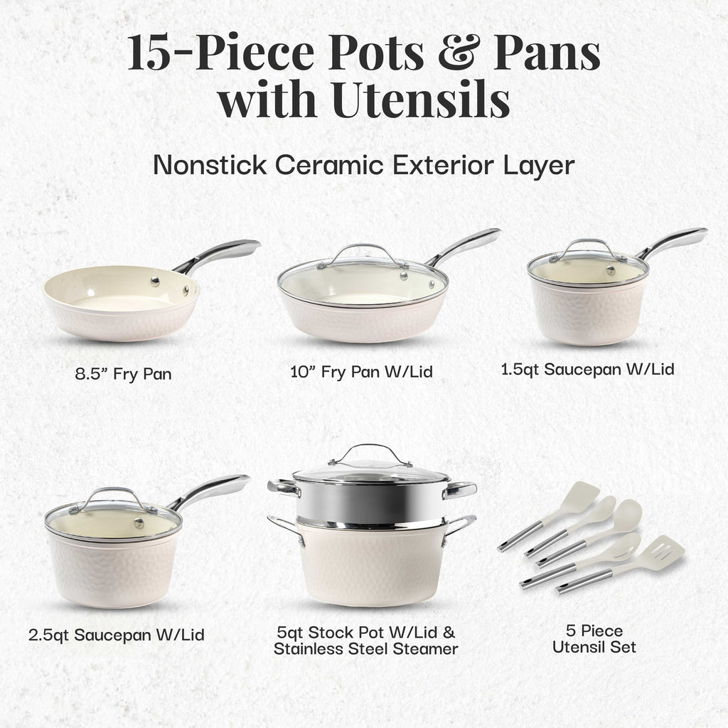 Batterie de cuisine antiadhésive en céramique ultra-résistante Gotham Steel Hammered Cream, 15 pièces, avec ustensiles