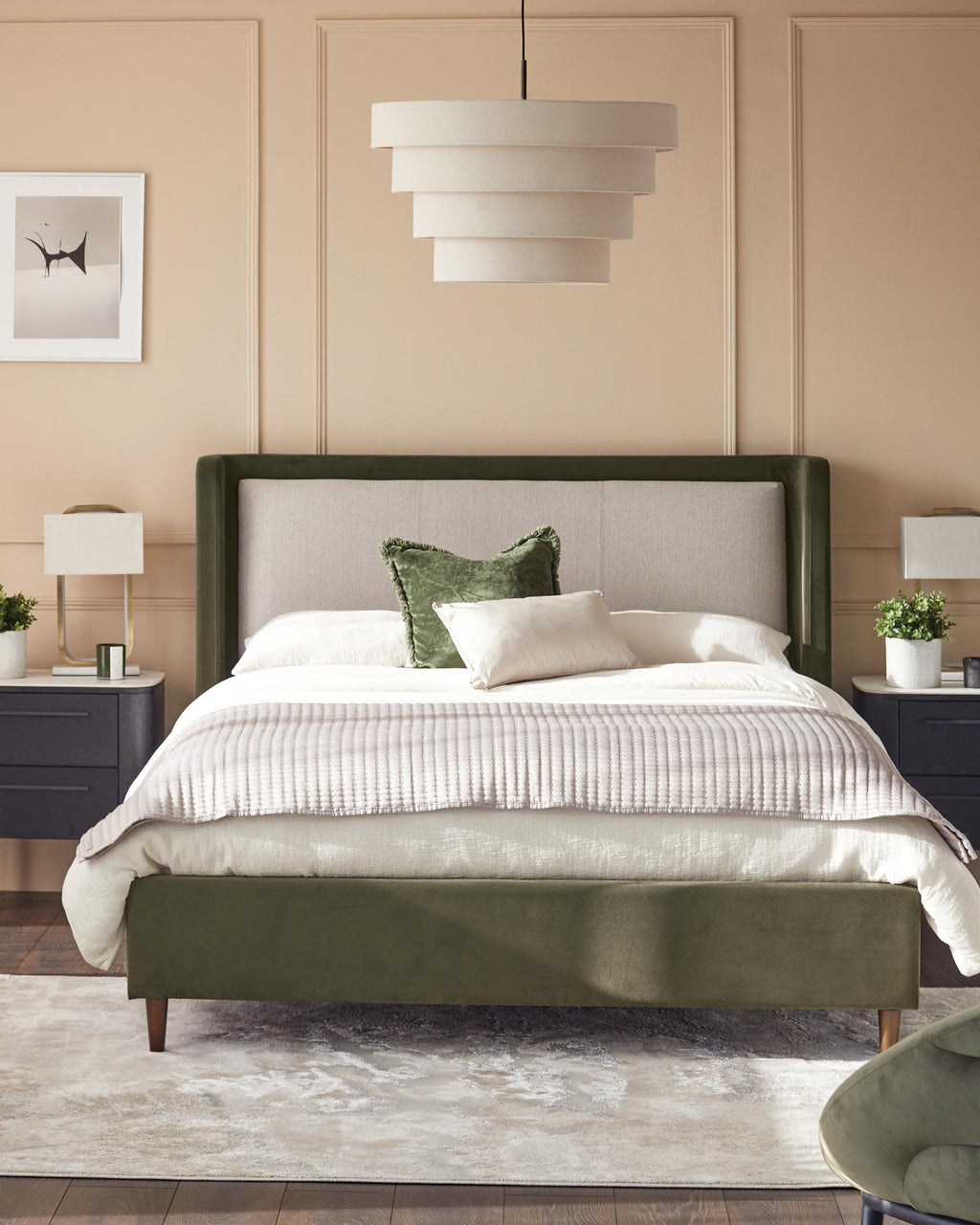 Lit coffre super king Grove en tissu naturel et velours vert olive