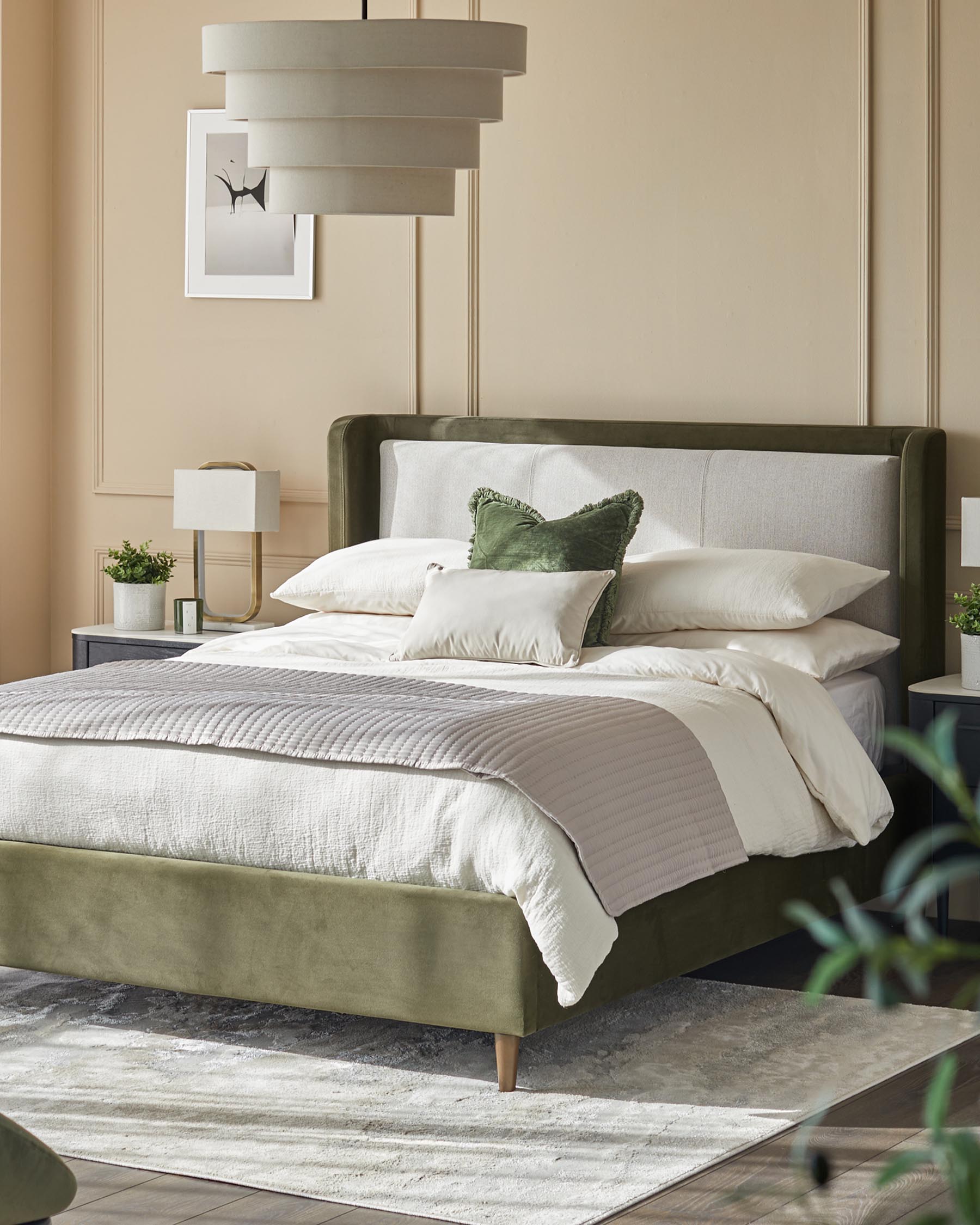 Lit coffre super king Grove en tissu naturel et velours vert olive