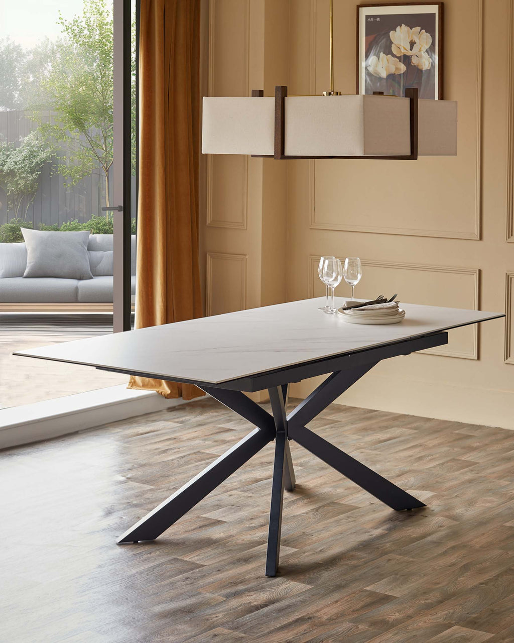 Table de salle à manger Hayden 6-8 en céramique blanche avec 6 chaises de salle à manger Serena en velours peluche champagne