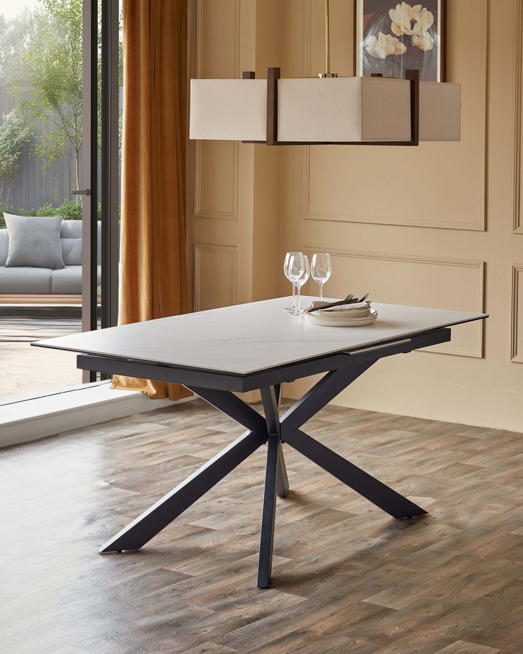 Table de salle à manger Hayden 6-8 en céramique blanche avec 6 chaises de salle à manger Serena en velours peluche champagne