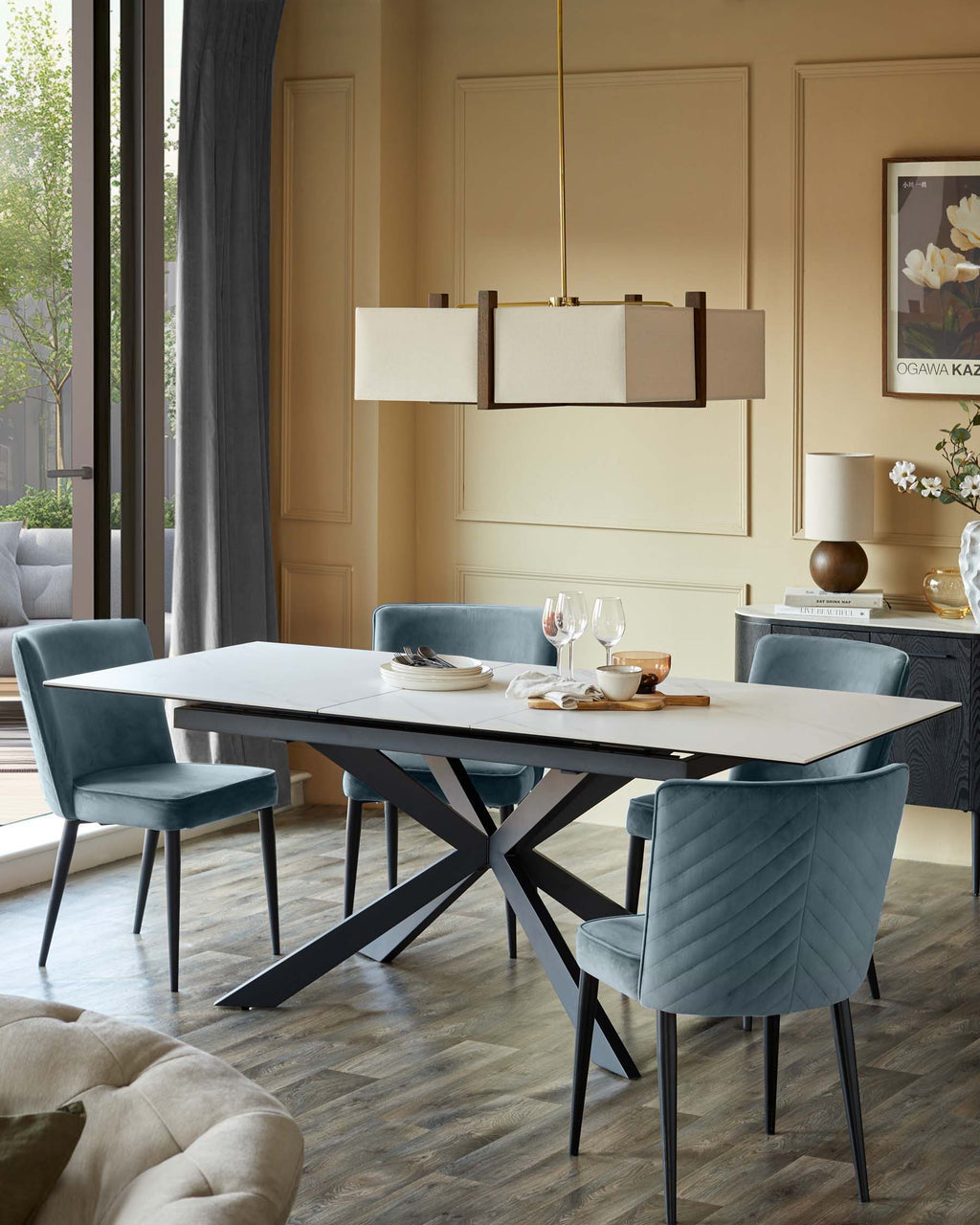 Chaise de salle à manger Serena en velours bleu-gris