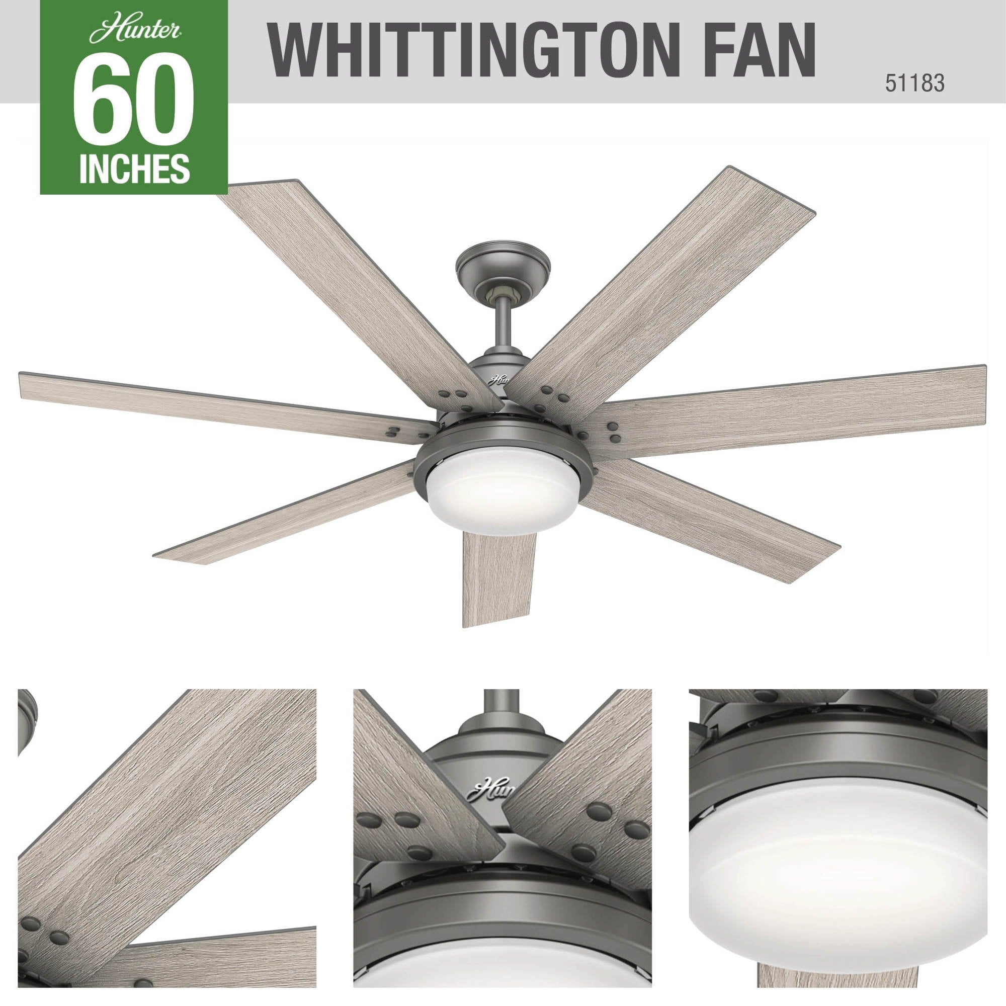 Ventilateur de plafond Hunter WiFi Whittington avec lumière LED, télécommande portable - Moulin à vent - Industriel, Ferme, Rustique - VENTILATEUR INTELLIGENT !