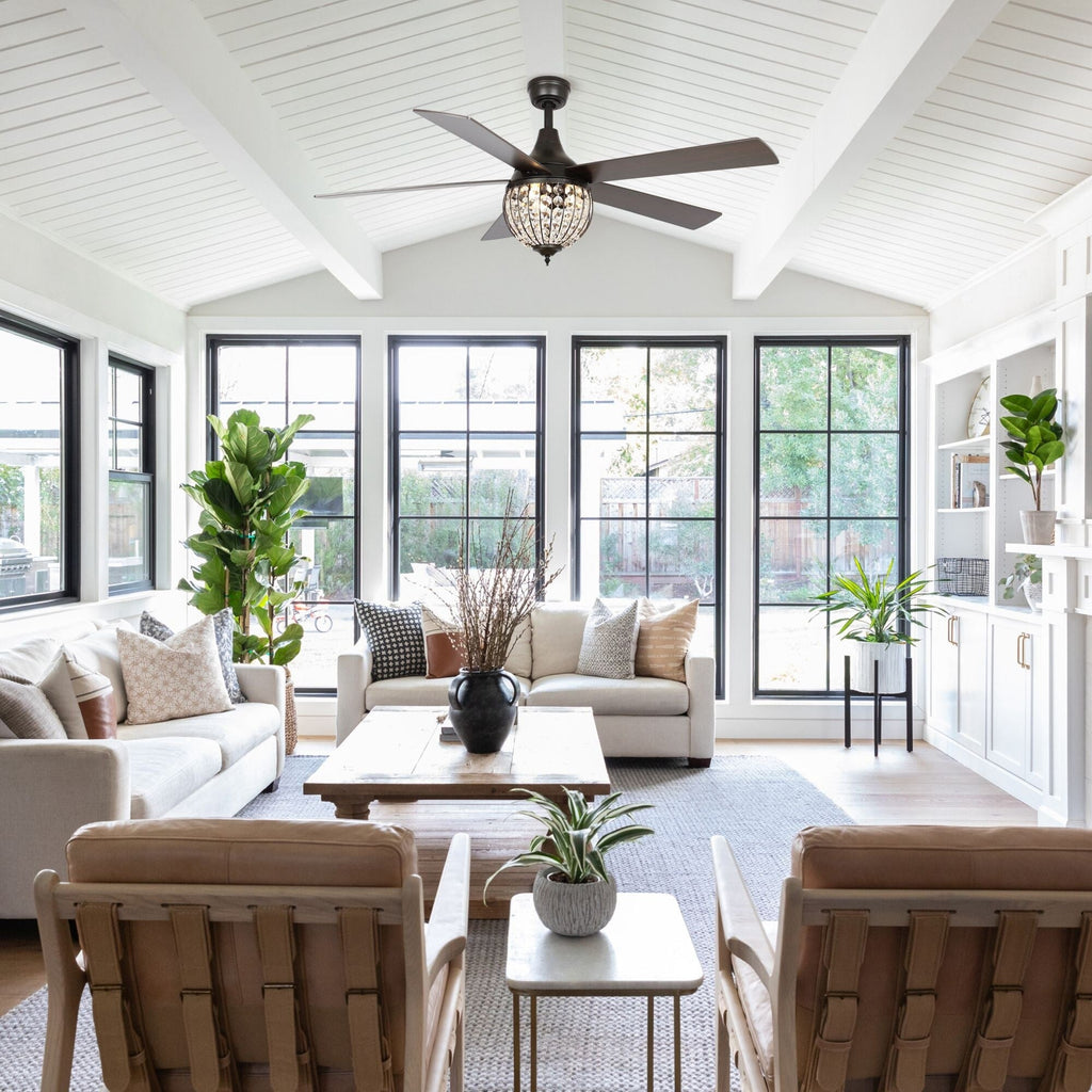 Ventilateur de plafond industriel en bois noir à 5 pales et cristal avec télécommande