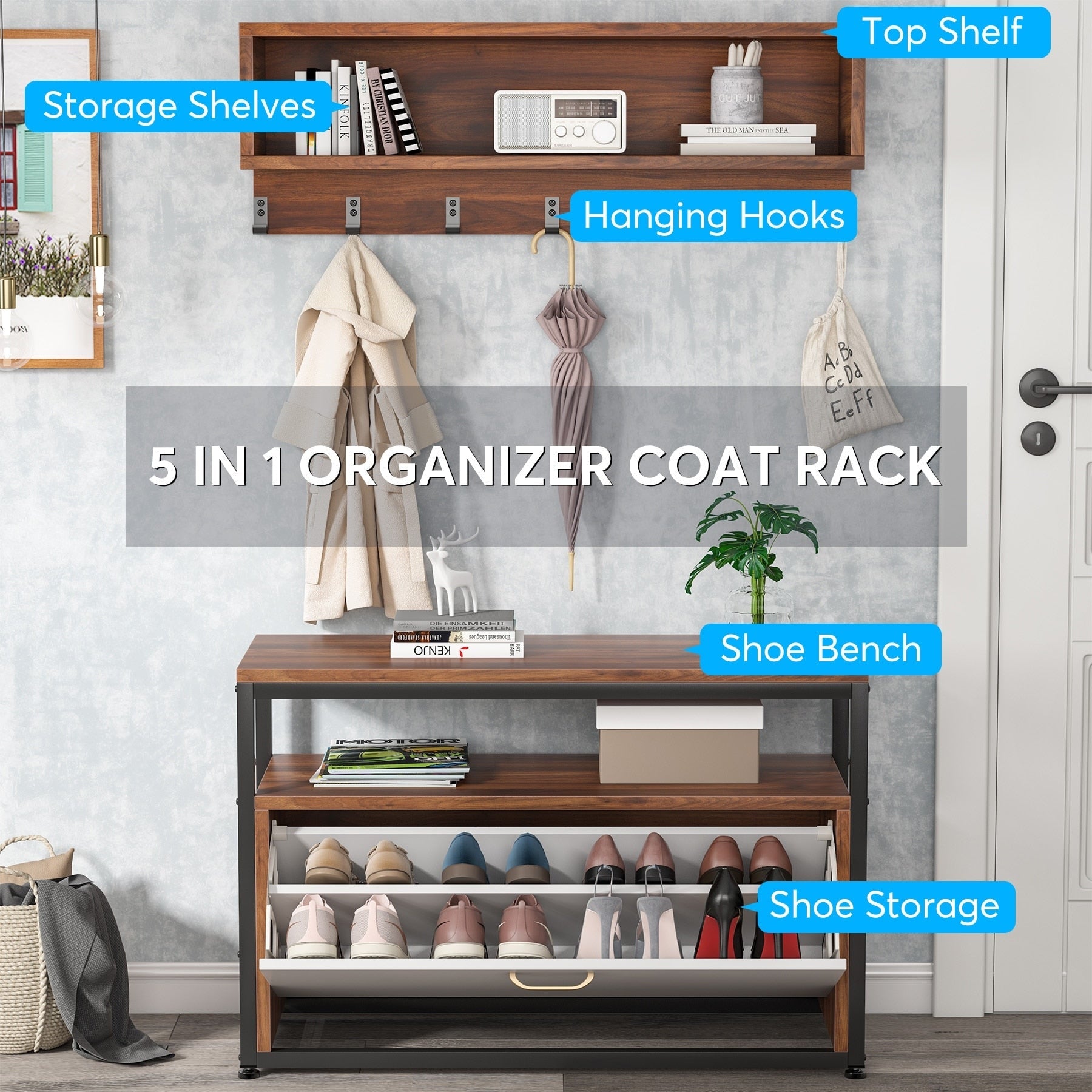 Ensemble de porte-manteaux et de bancs à chaussures pour entrée, porte-manteaux et porte-chaussures de style industriel