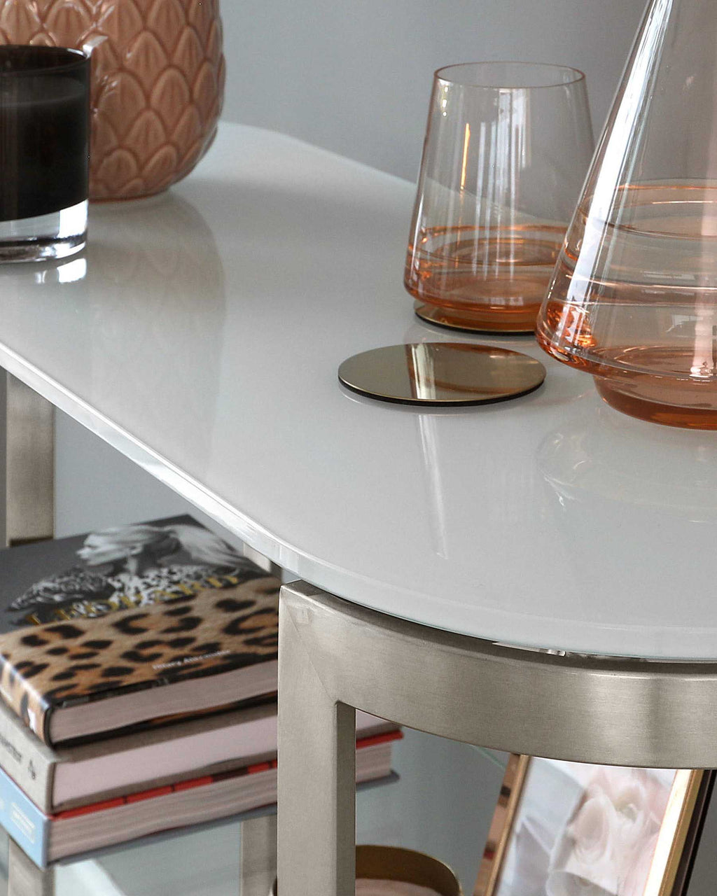 Table console Isla en verre blanc et acier inoxydable