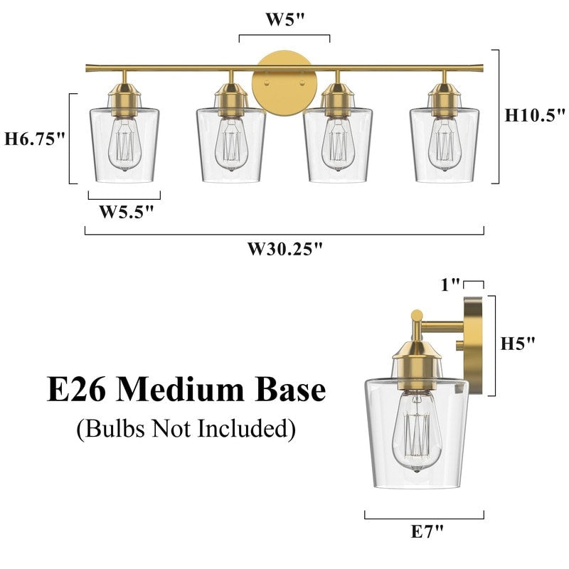 KAWOTI Lampe de salle de bain en métal à 4 lumières et abat-jour en verre à intensité variable