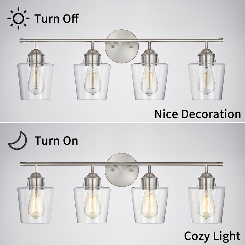 KAWOTI Lampe de salle de bain en métal à 4 lumières et abat-jour en verre à intensité variable