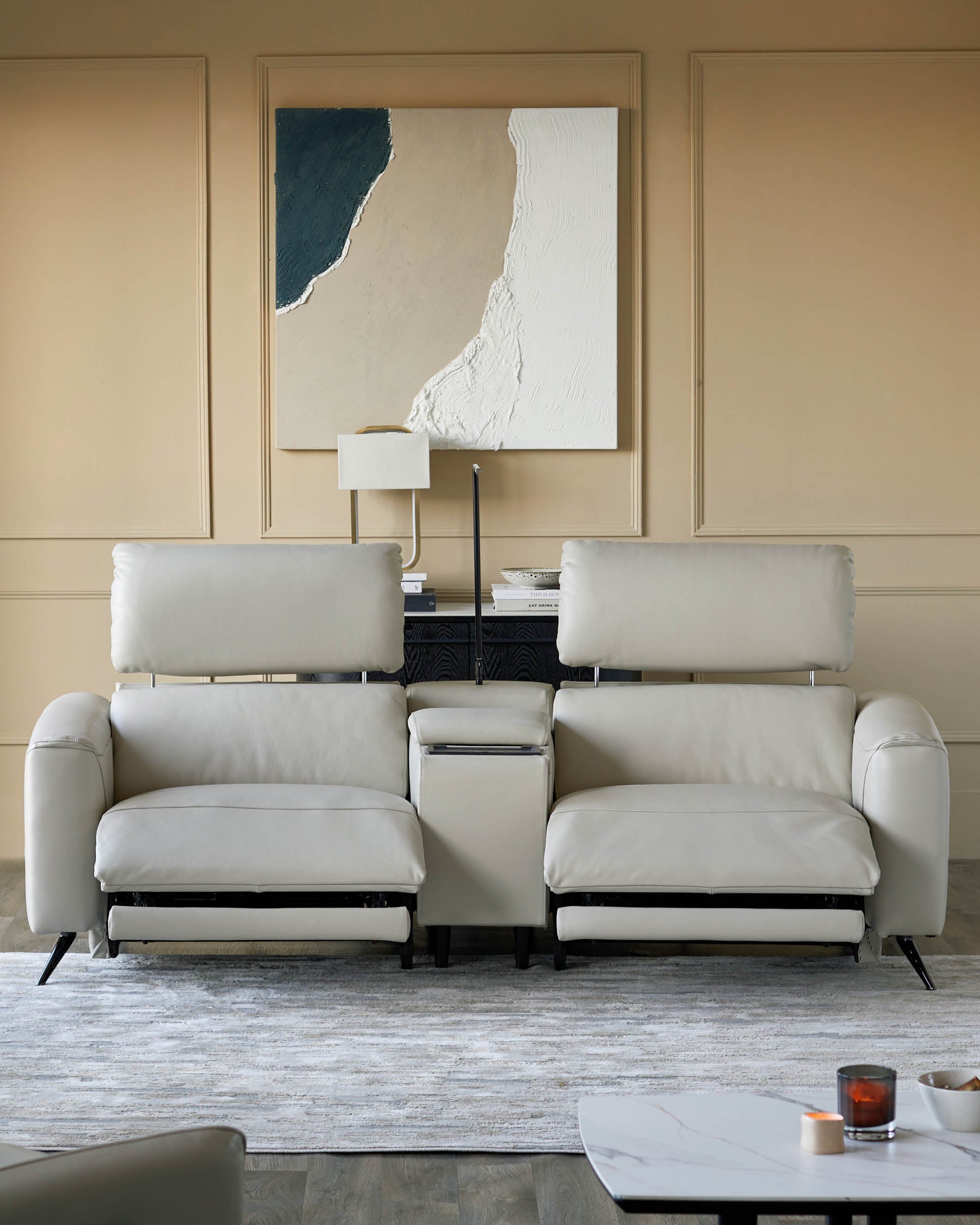 Canapé inclinable 2 places Kenzie en cuir gris naturel avec console