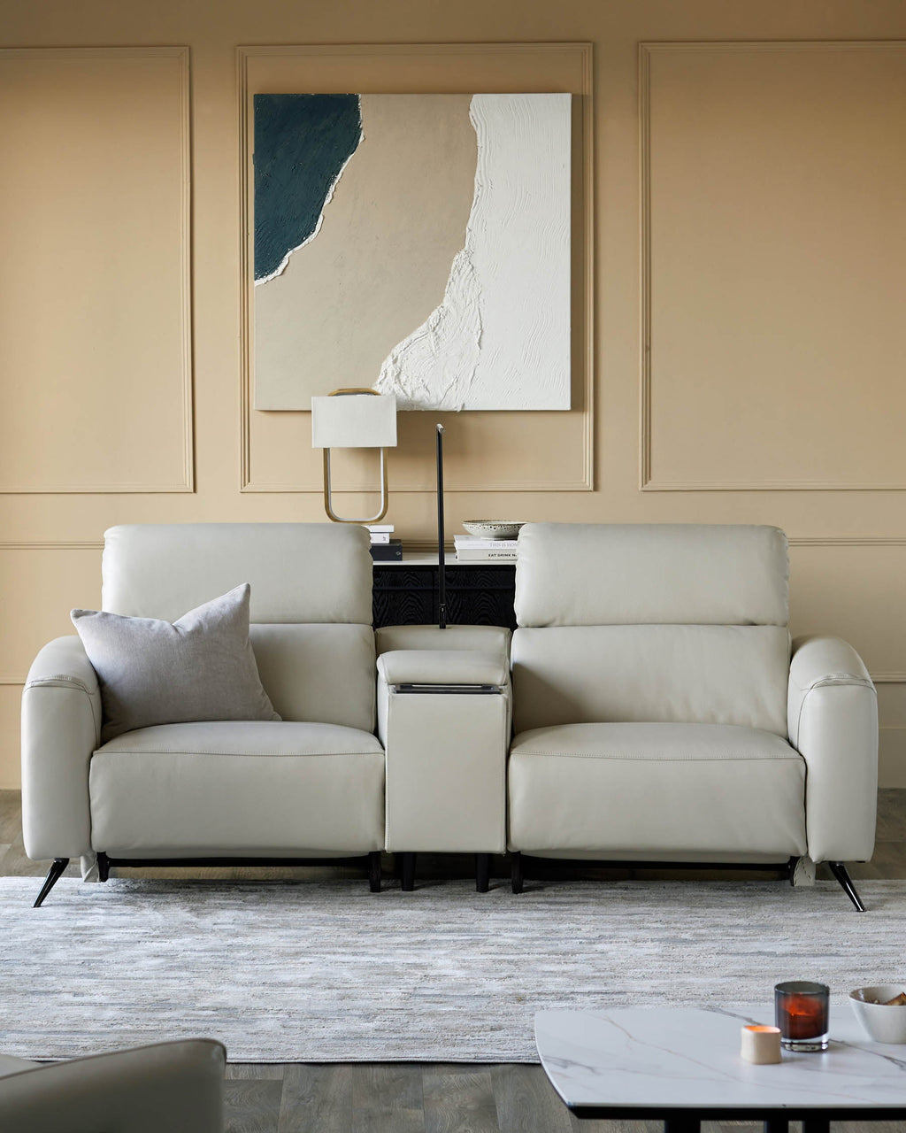 Canapé inclinable 2 places Kenzie en cuir gris naturel avec console