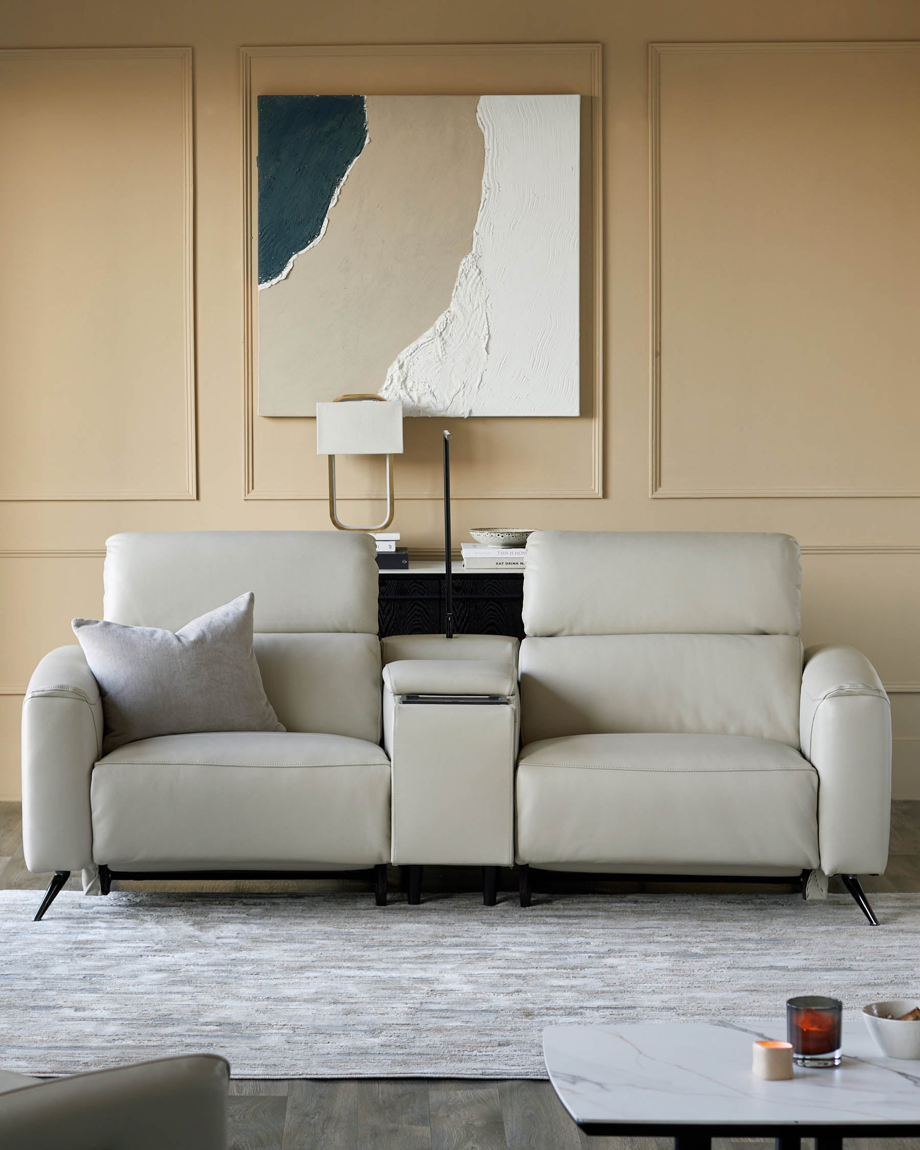 Canapé inclinable 2 places Kenzie en cuir gris naturel avec console