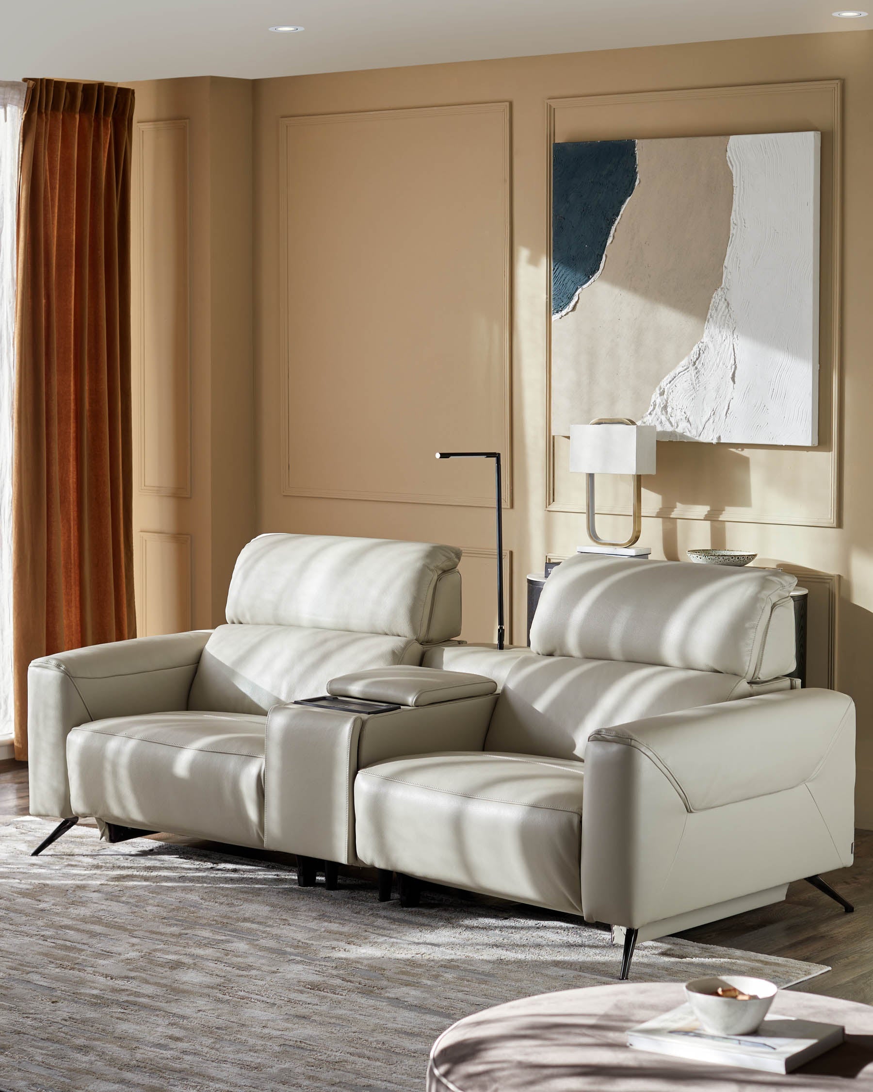 Canapé inclinable 2 places Kenzie en cuir gris naturel avec console