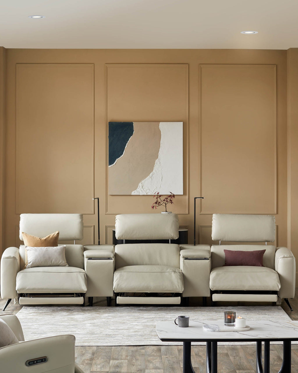 Canapé 3 places inclinable Kenzie en cuir gris naturel avec console