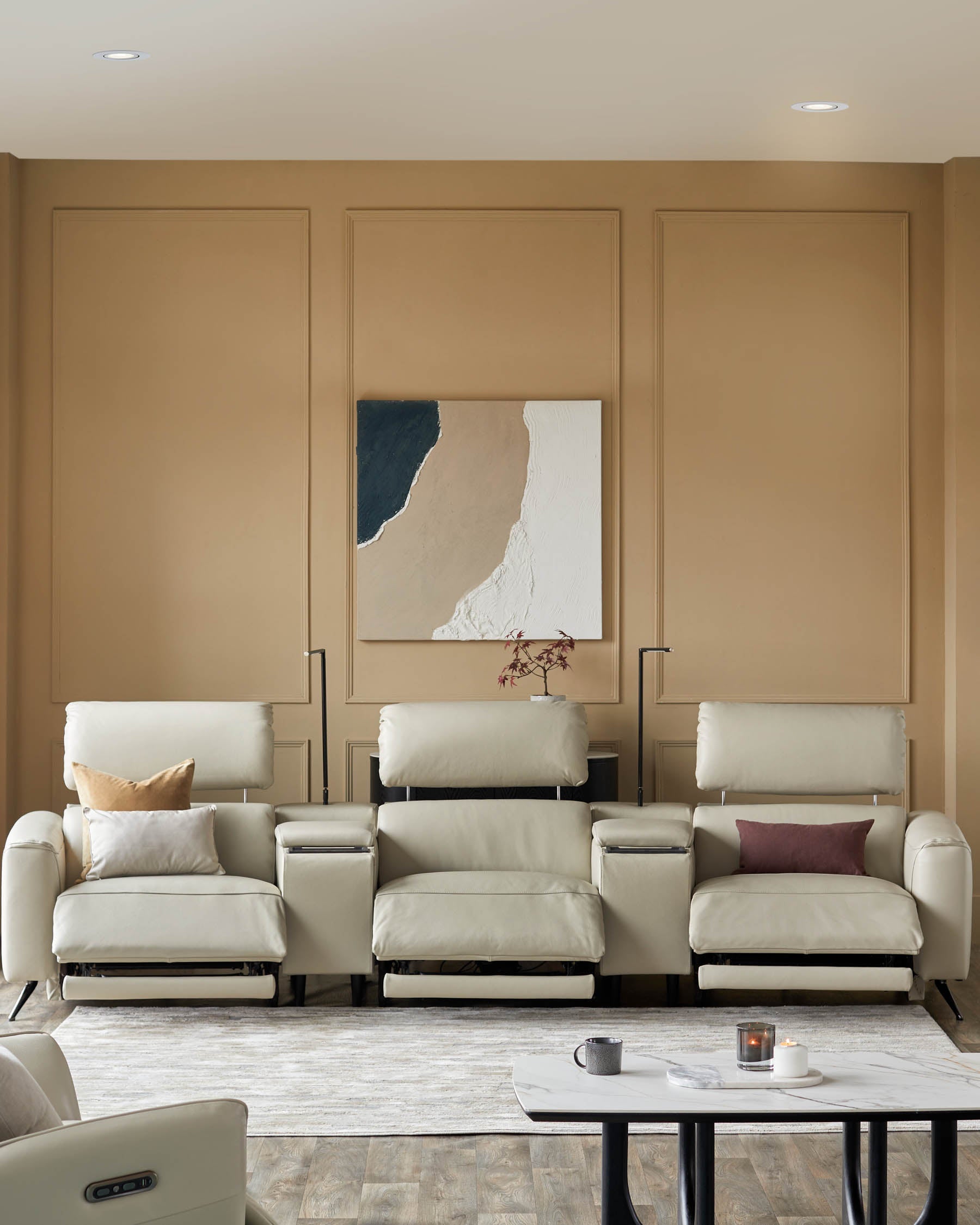 Canapé 3 places inclinable Kenzie en cuir gris naturel avec console