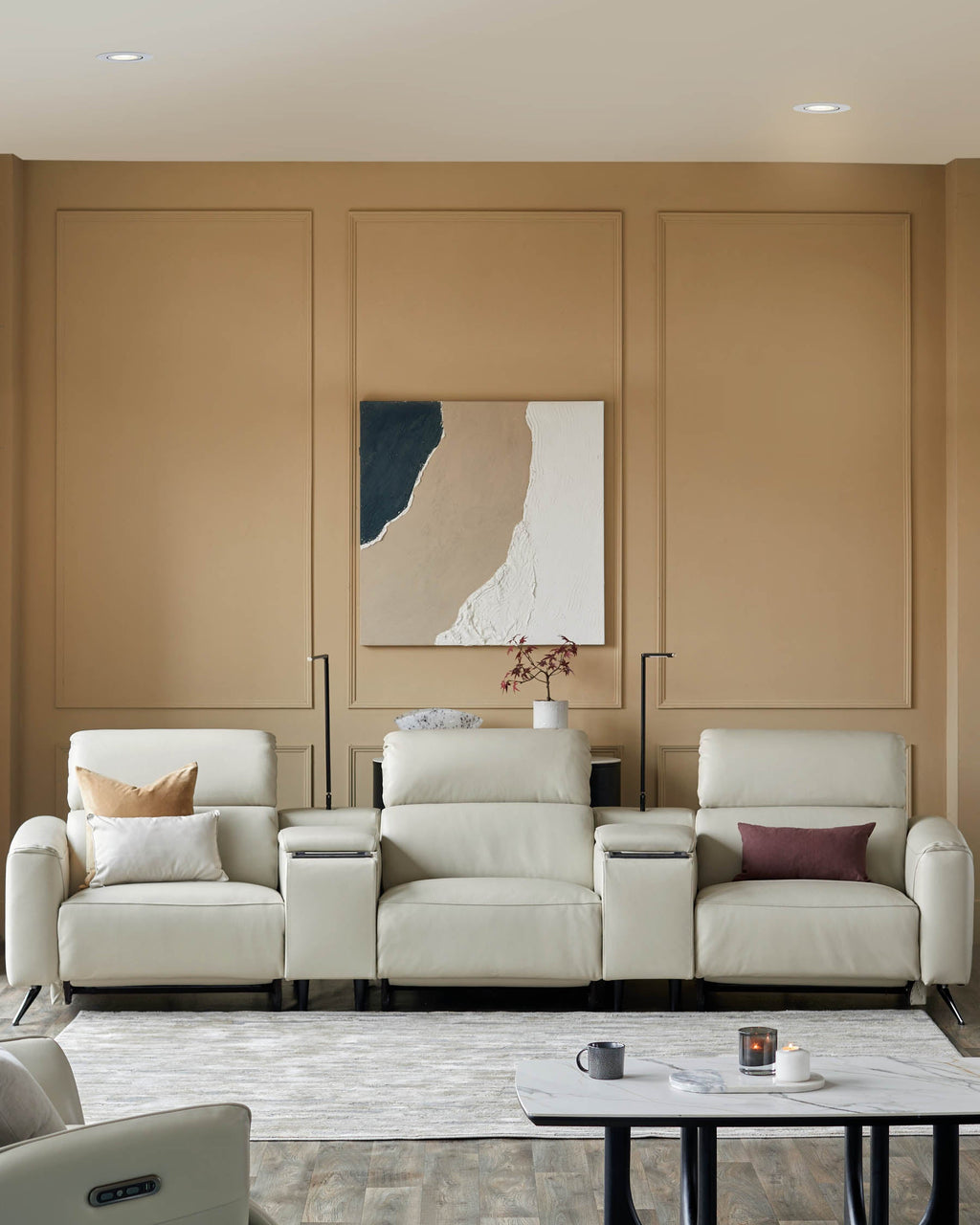 Canapé 3 places inclinable Kenzie en cuir gris naturel avec console