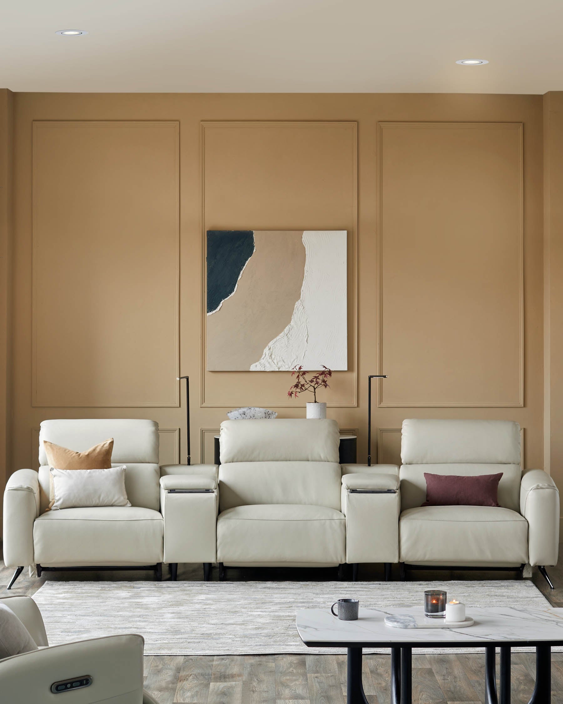 Canapé 3 places inclinable Kenzie en cuir gris naturel avec console