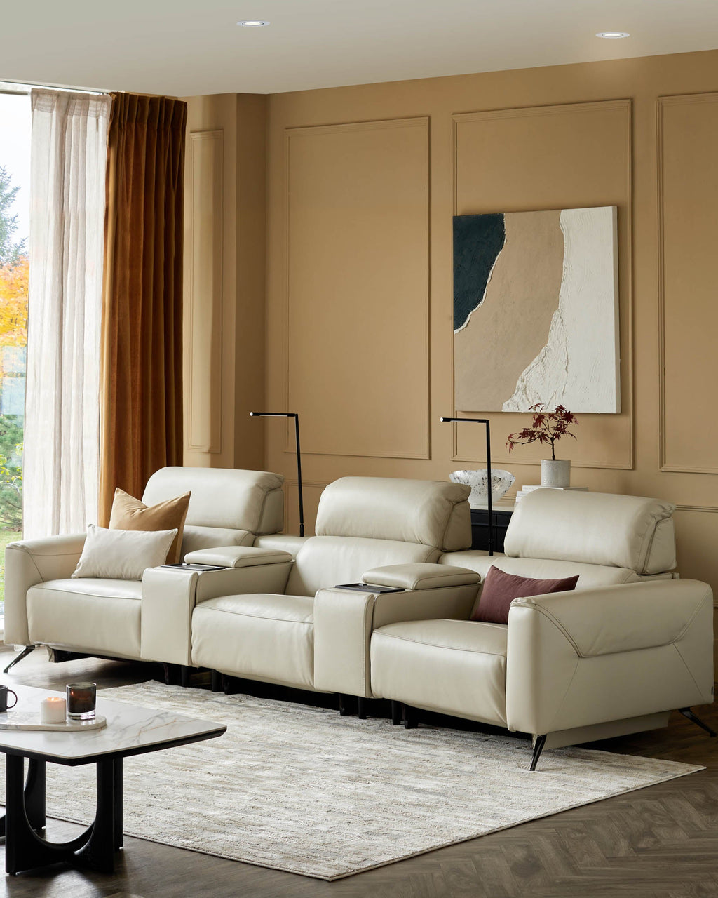 Canapé 3 places inclinable Kenzie en cuir gris naturel avec console